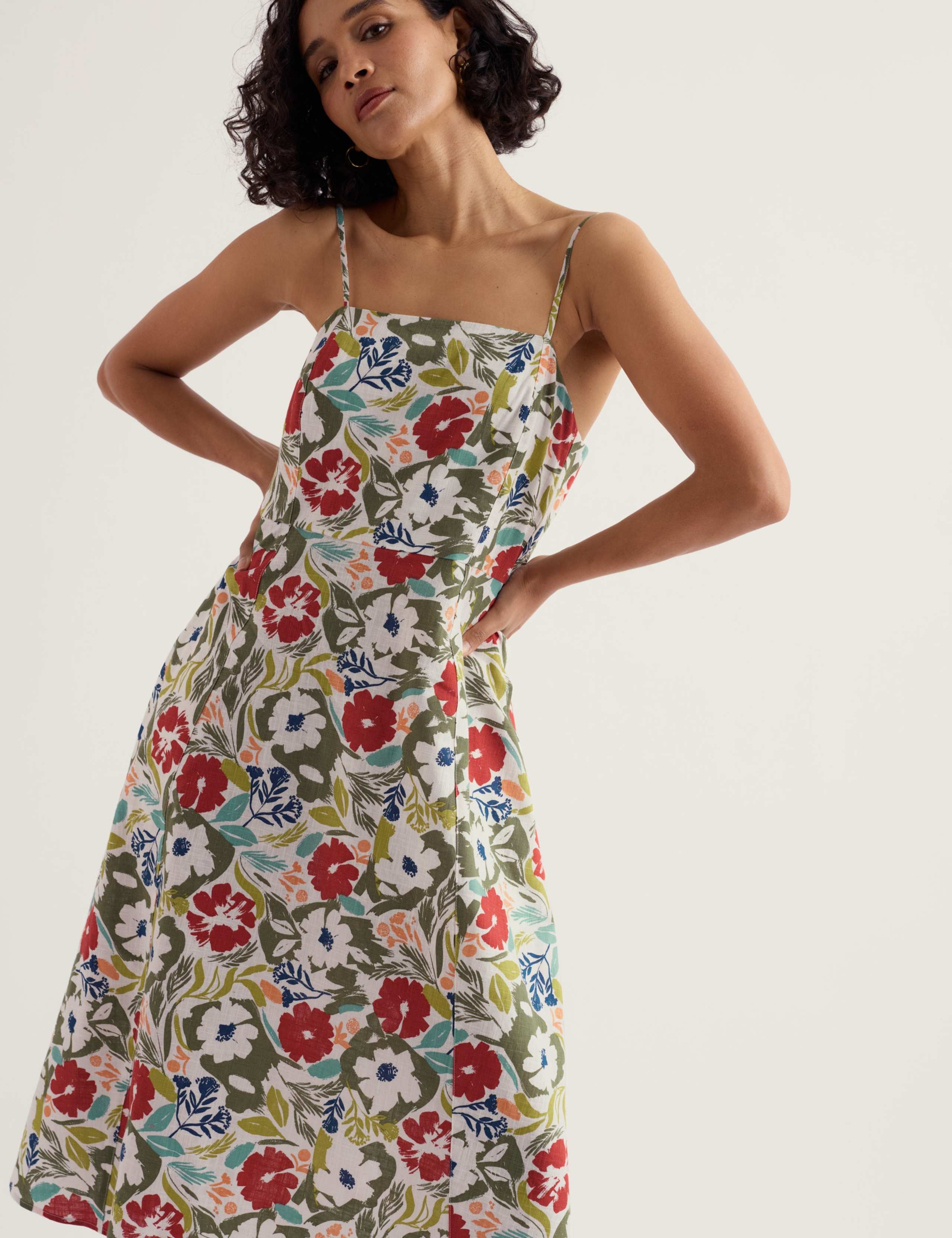 Pure Cotton Floral Midi Waisted Dress 5 of 6