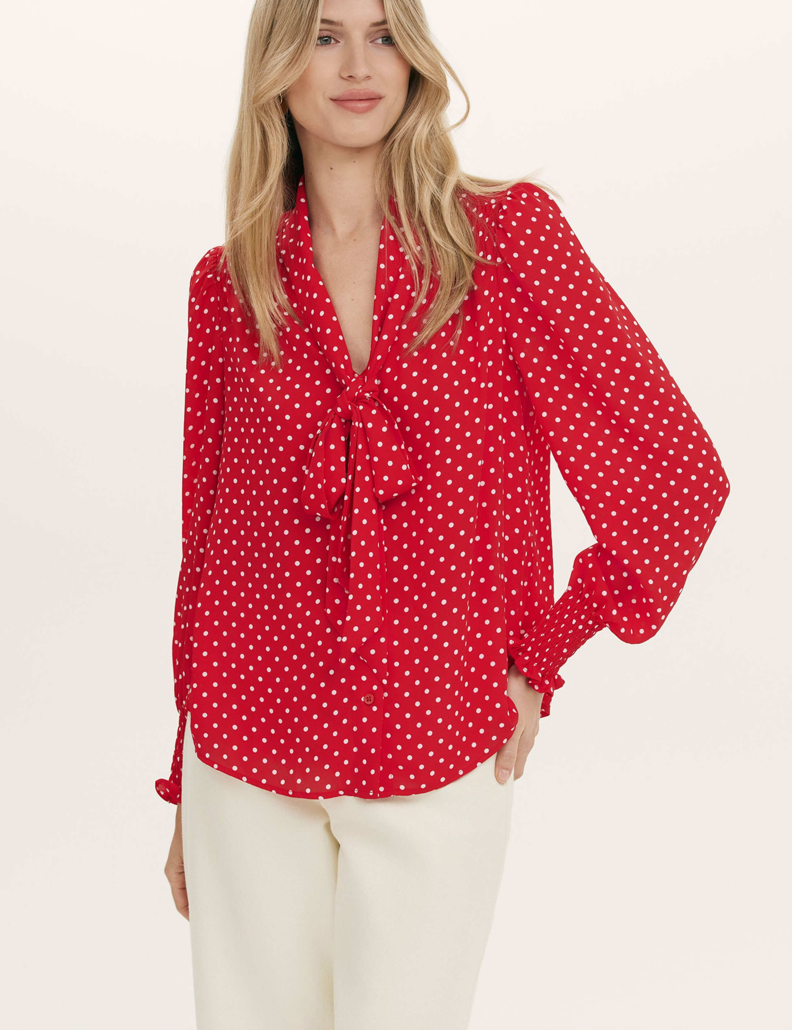 Polka Dot Tie Neck Blouson Sleeve Blouse 1 of 4
