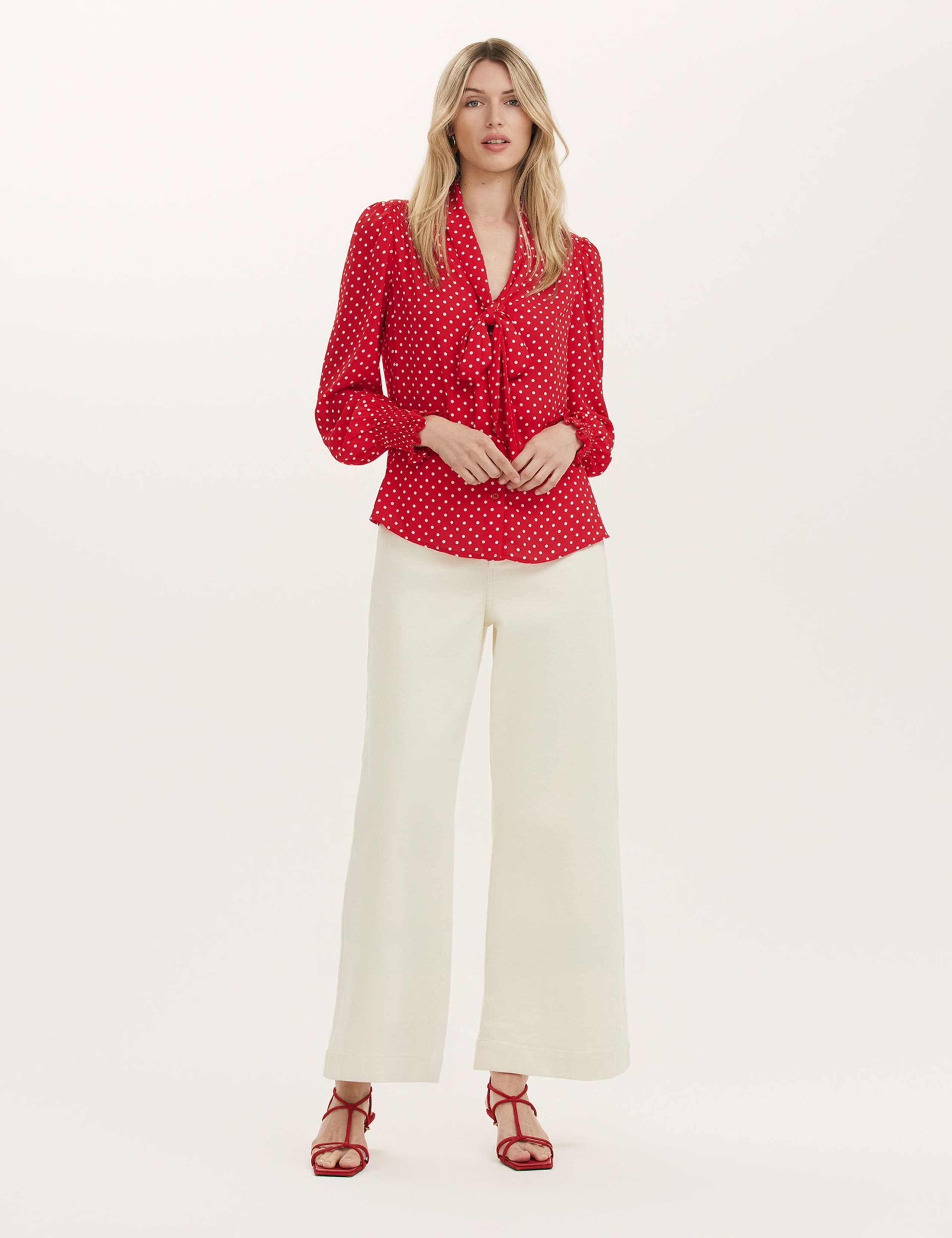 Polka Dot Tie Neck Blouson Sleeve Blouse 2 of 4