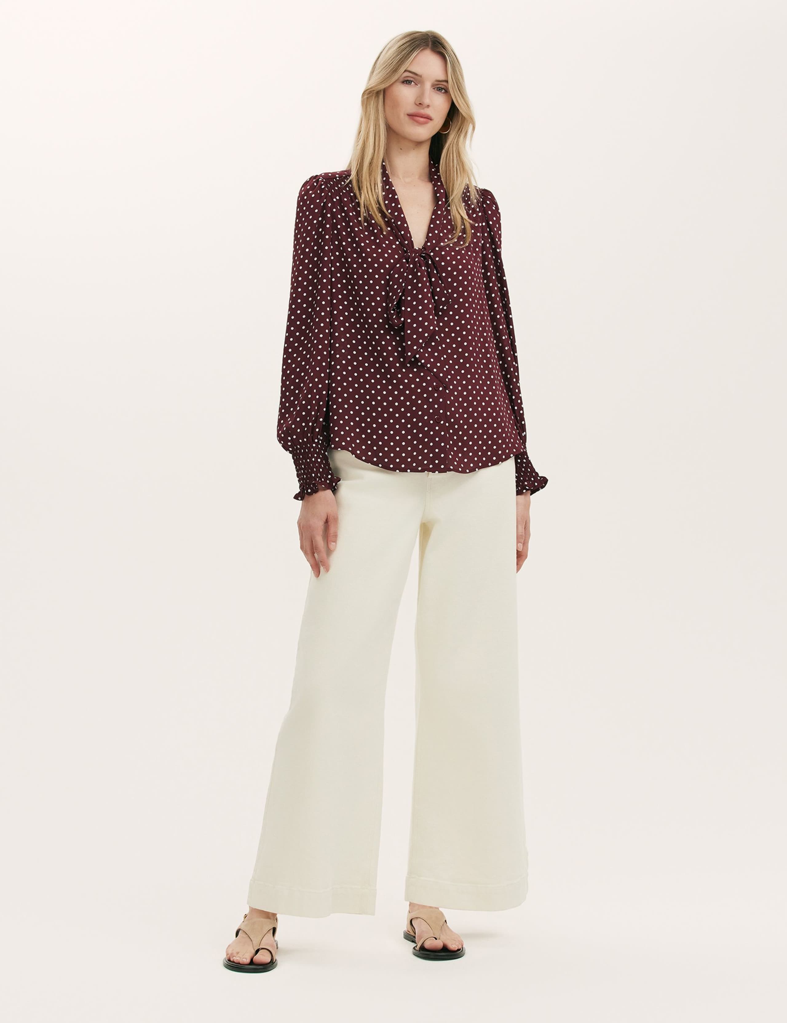 Polka Dot Tie Neck Blouson Sleeve Blouse 2 of 4