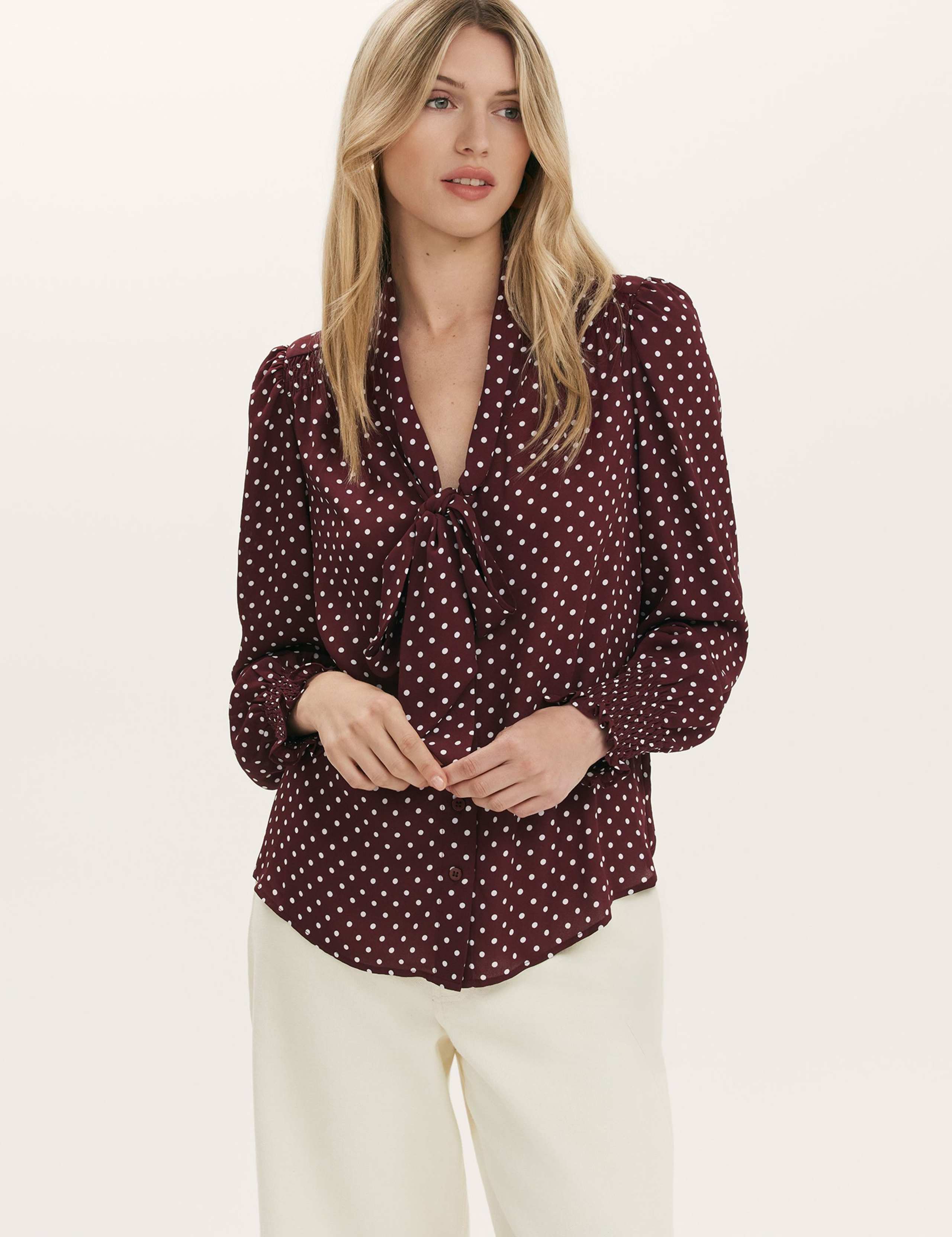 Polka Dot Tie Neck Blouson Sleeve Blouse 4 of 4