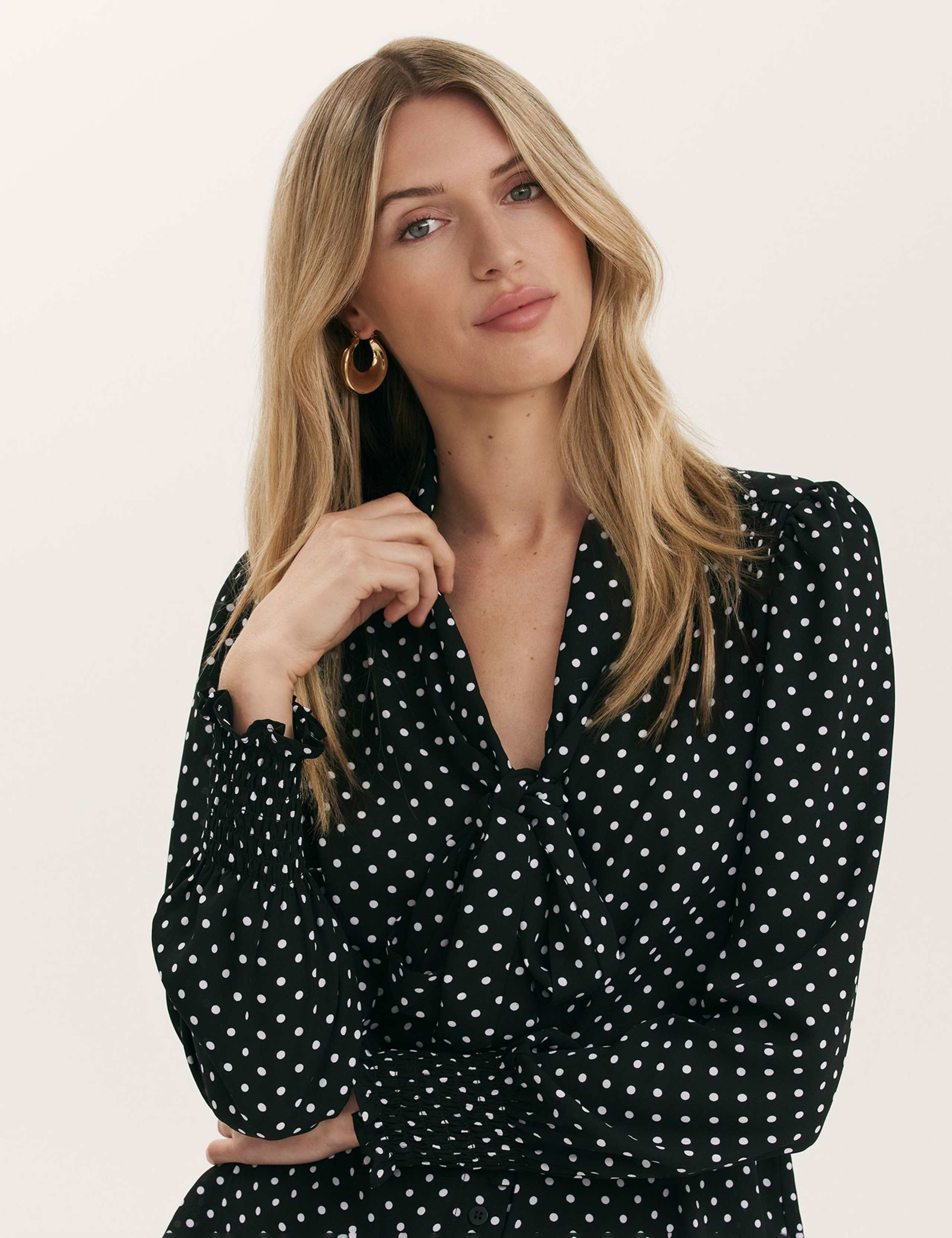 Polka Dot Tie Neck Blouson Sleeve Blouse 4 of 4
