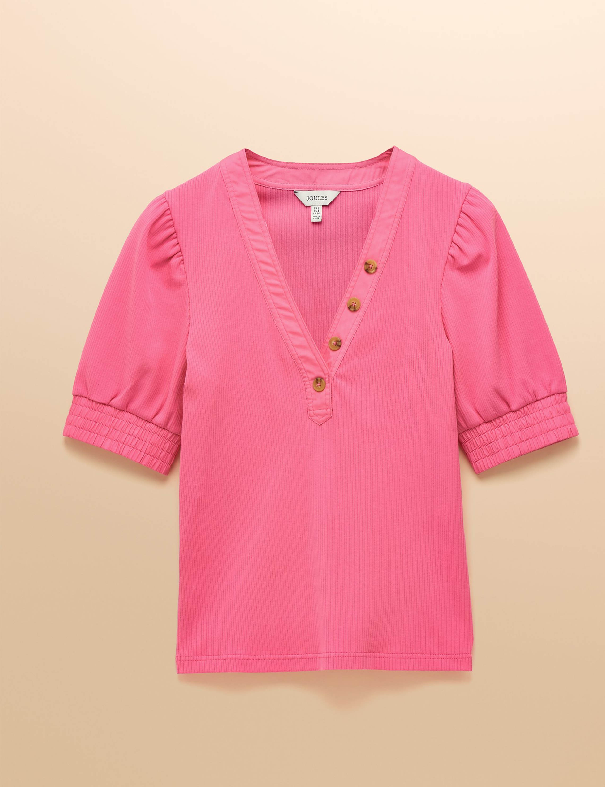 Cotton Rich Ribbed V-Neck Puff Sleeve Top 2 of 7