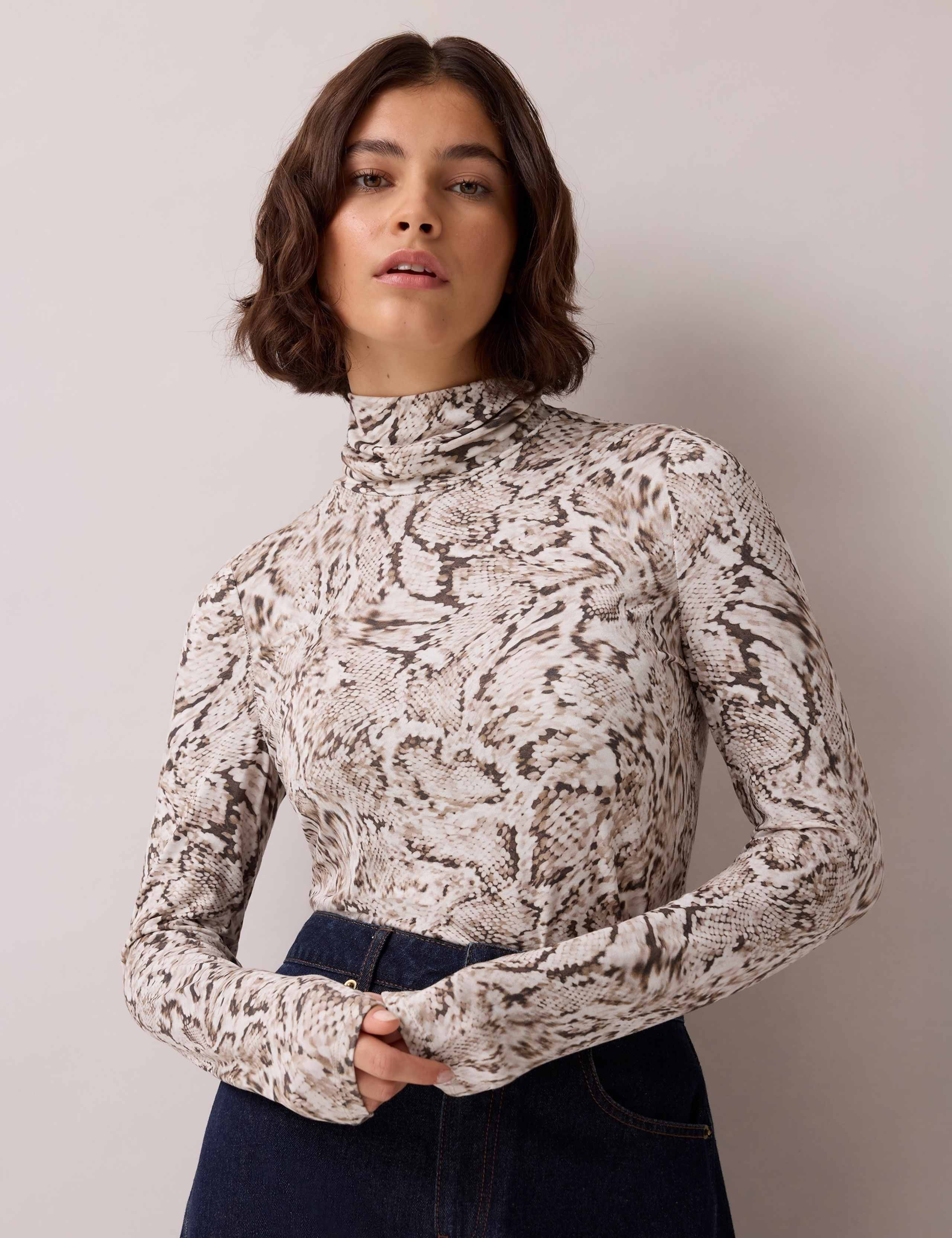 Snake Print Roll Neck Slim Fit Top 2 of 5