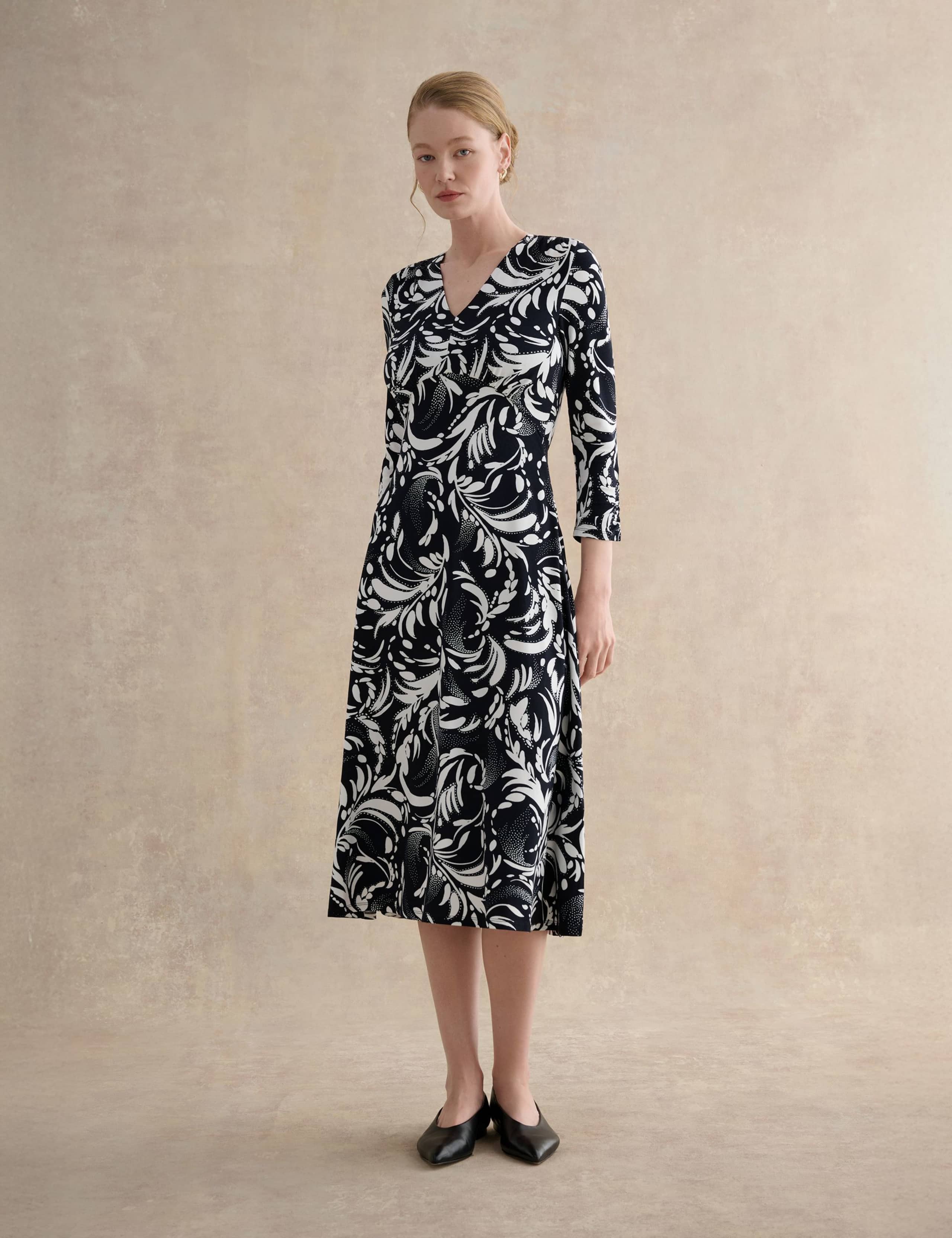 Printed V-Neck Midi Waisted Dress 1 of 5