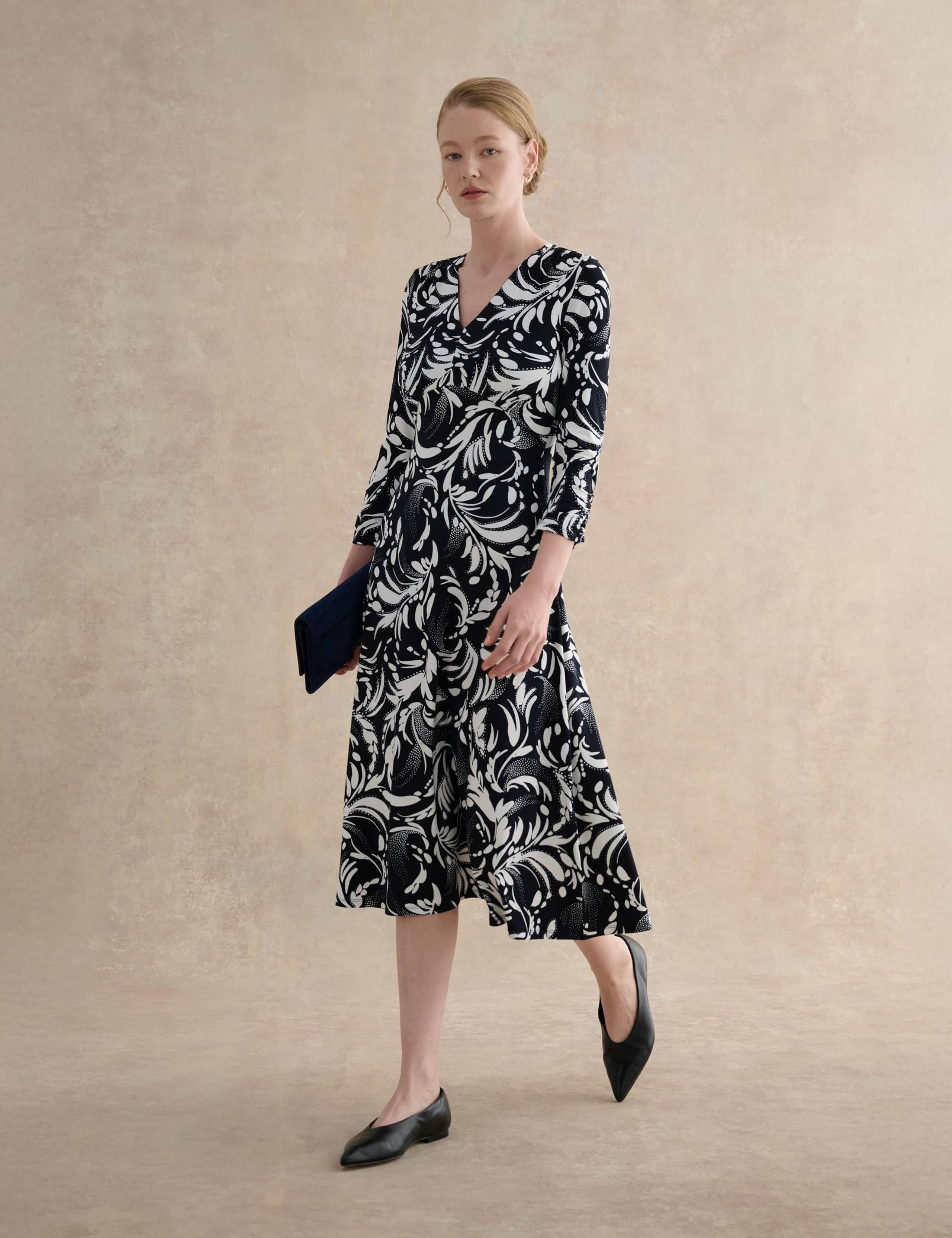 Printed V-Neck Midi Waisted Dress 3 of 5