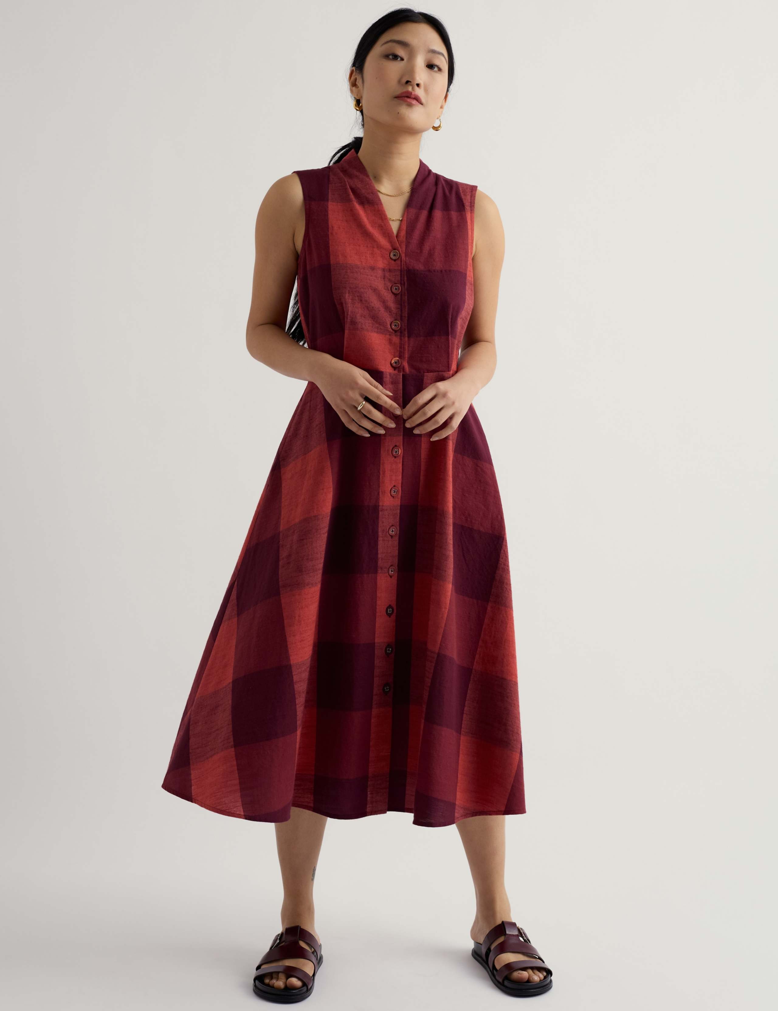 Pure Cotton Checked Midi Waisted Dress 1 of 5