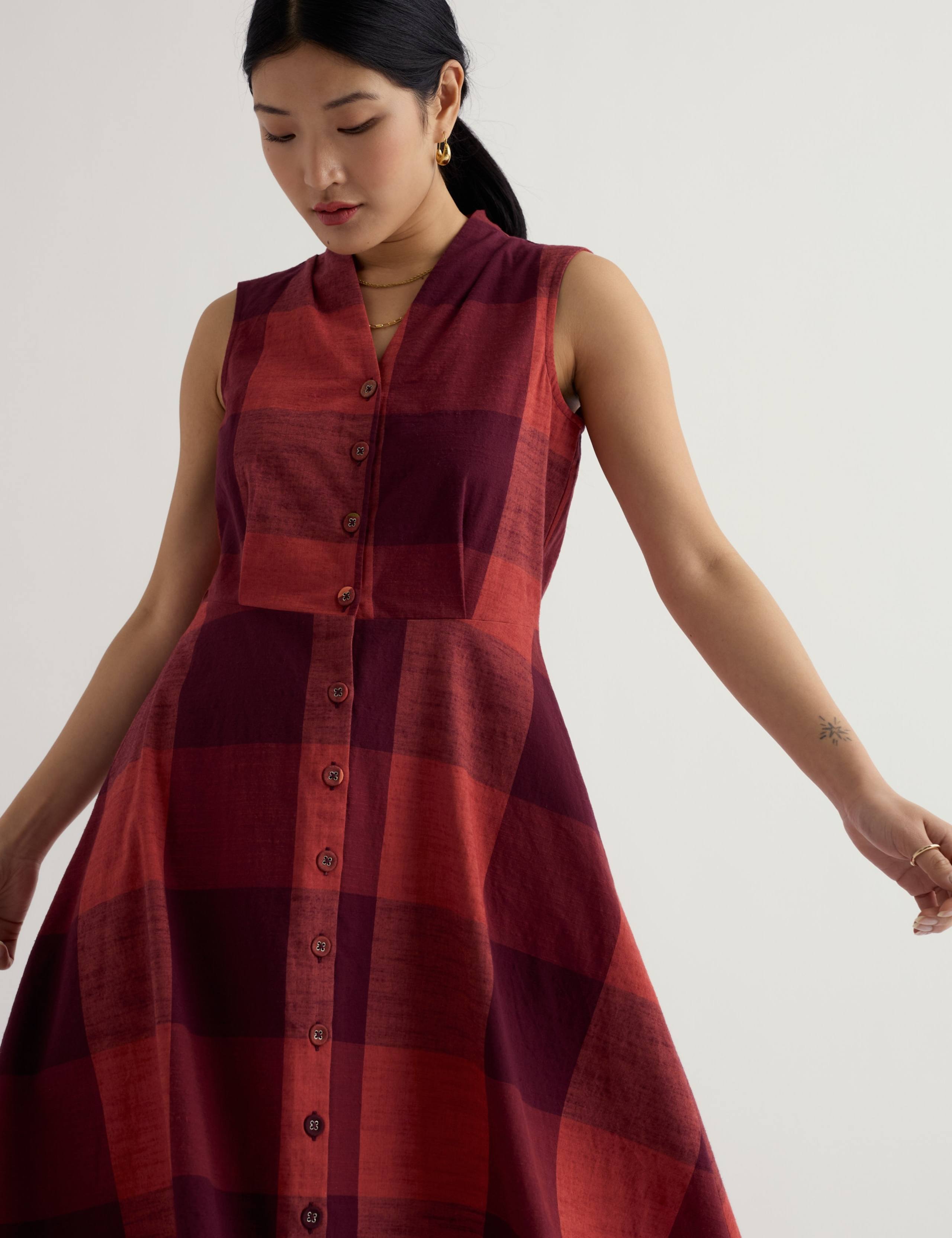 Pure Cotton Checked Midi Waisted Dress 4 of 5