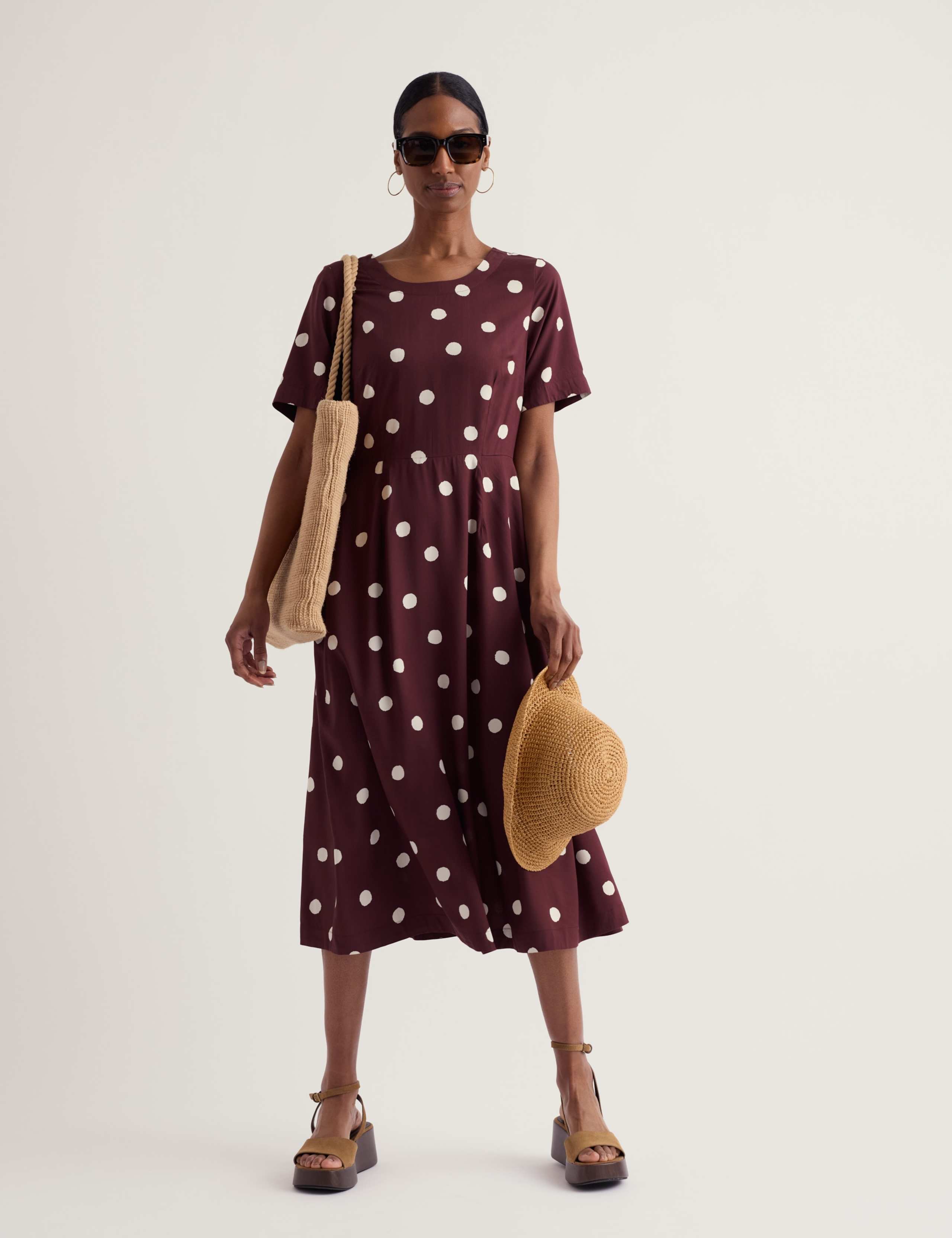 Scoop Neck Polka Dot Midi Waisted Dress 1 of 5