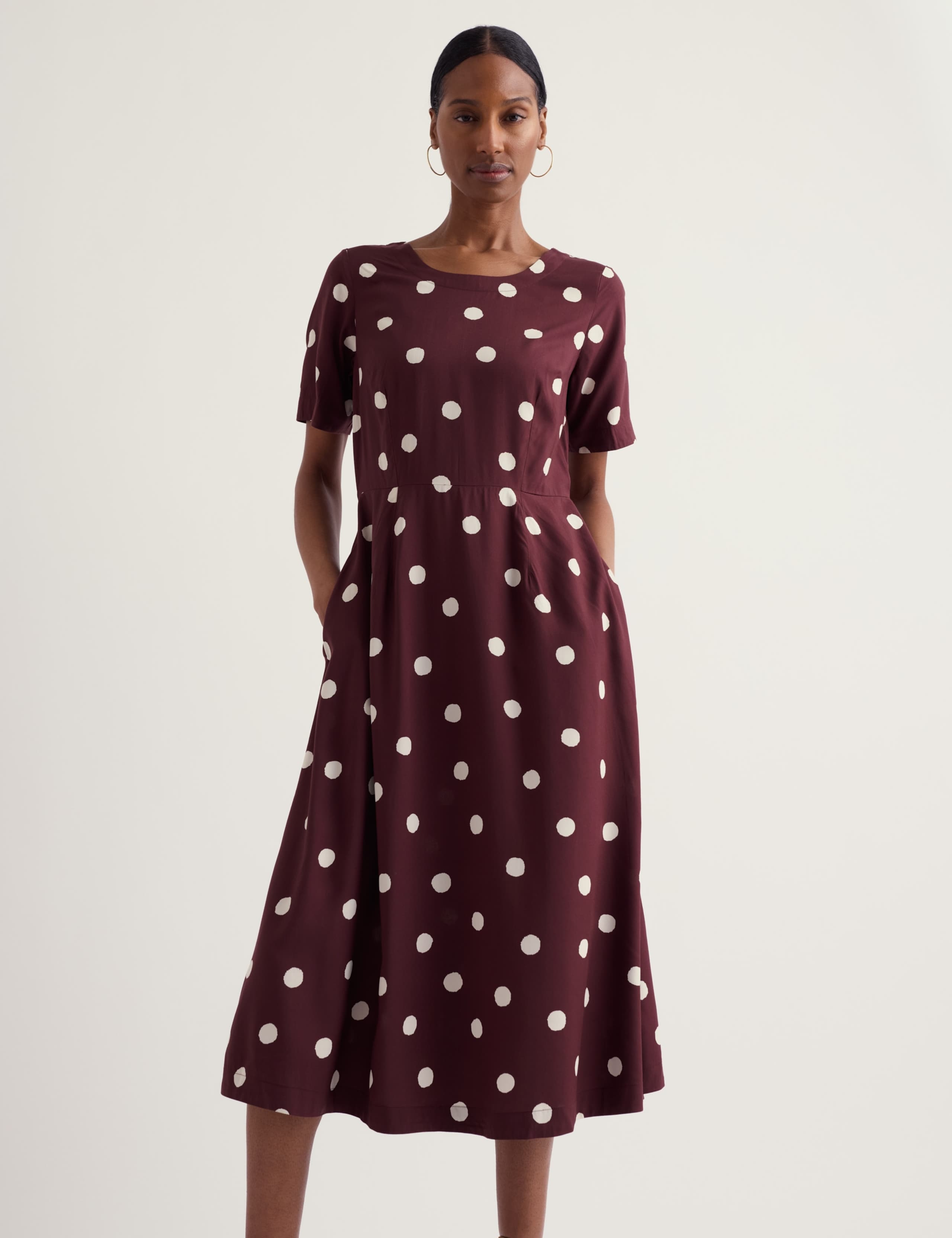 Scoop Neck Polka Dot Midi Waisted Dress 3 of 5