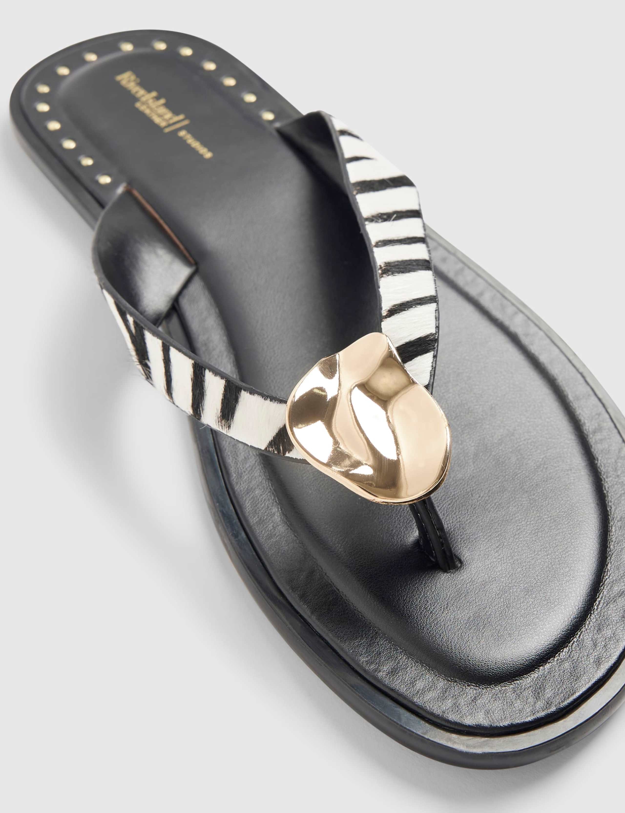 Leather Zebra Print Hardware Toe Thong Sandals 2 of 4