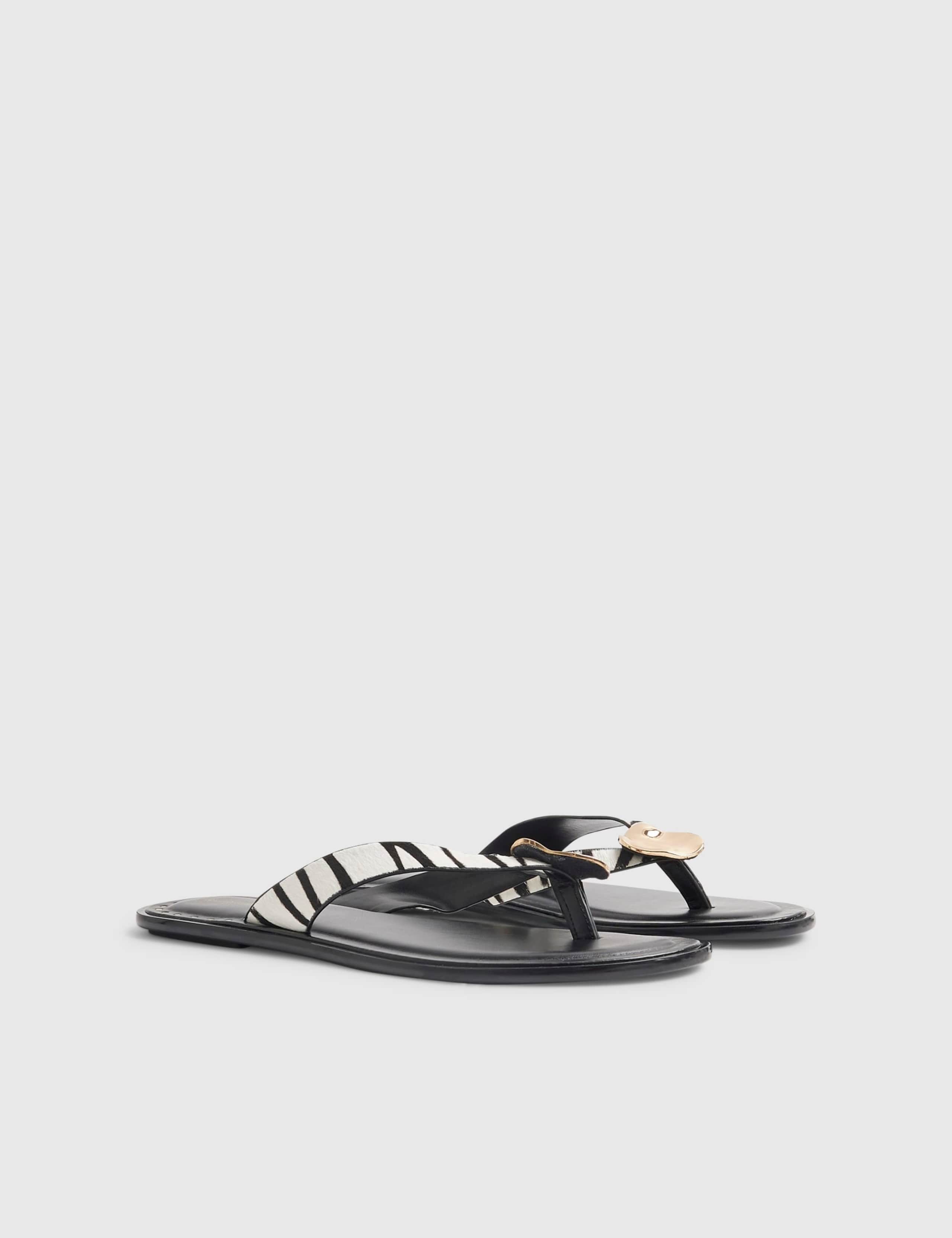 Leather Zebra Print Hardware Toe Thong Sandals 3 of 4