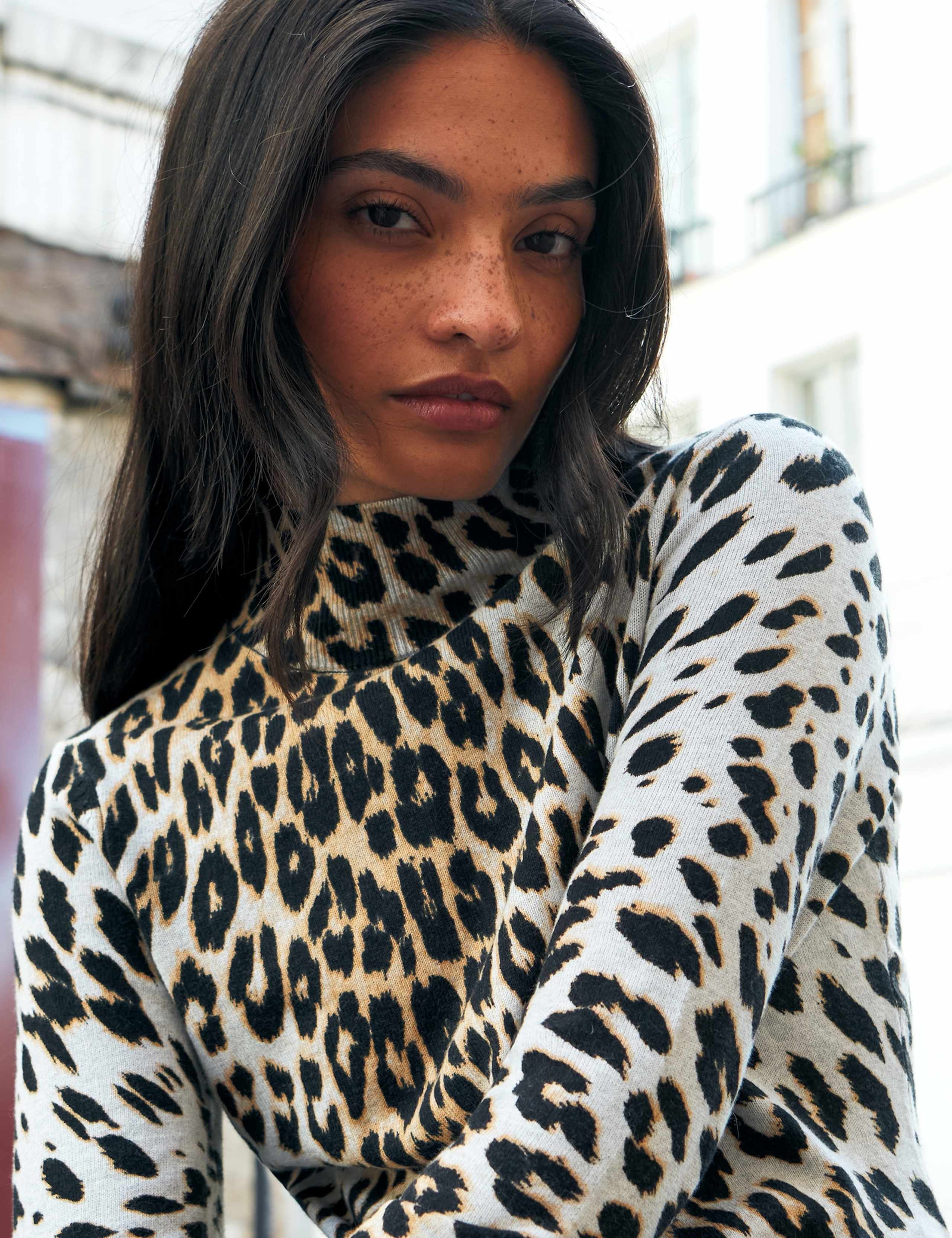 Cotton Rich Animal Print Roll Neck Top 1 of 5