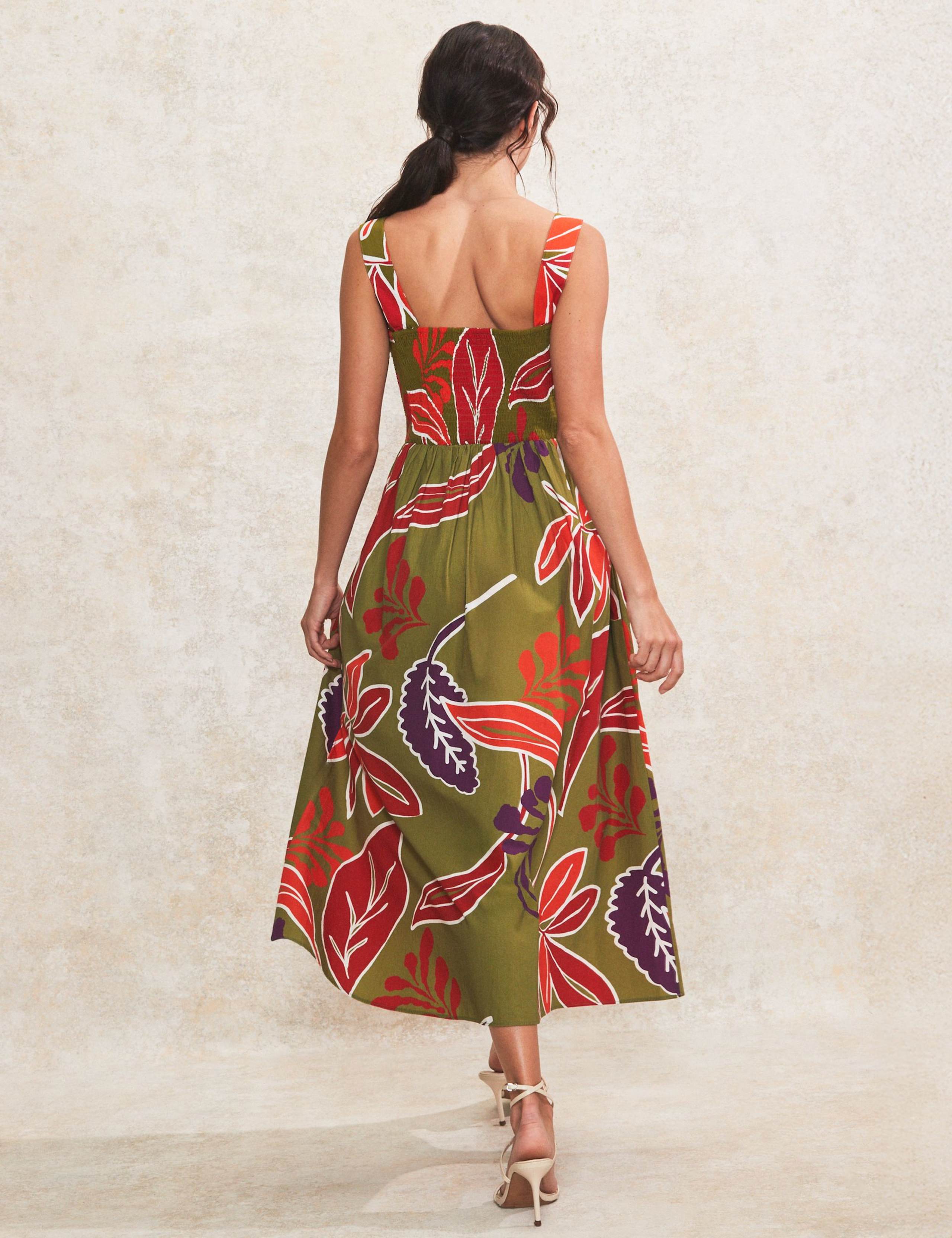 Pure Cotton Leaf Print Midaxi Waisted Dress 3 of 5