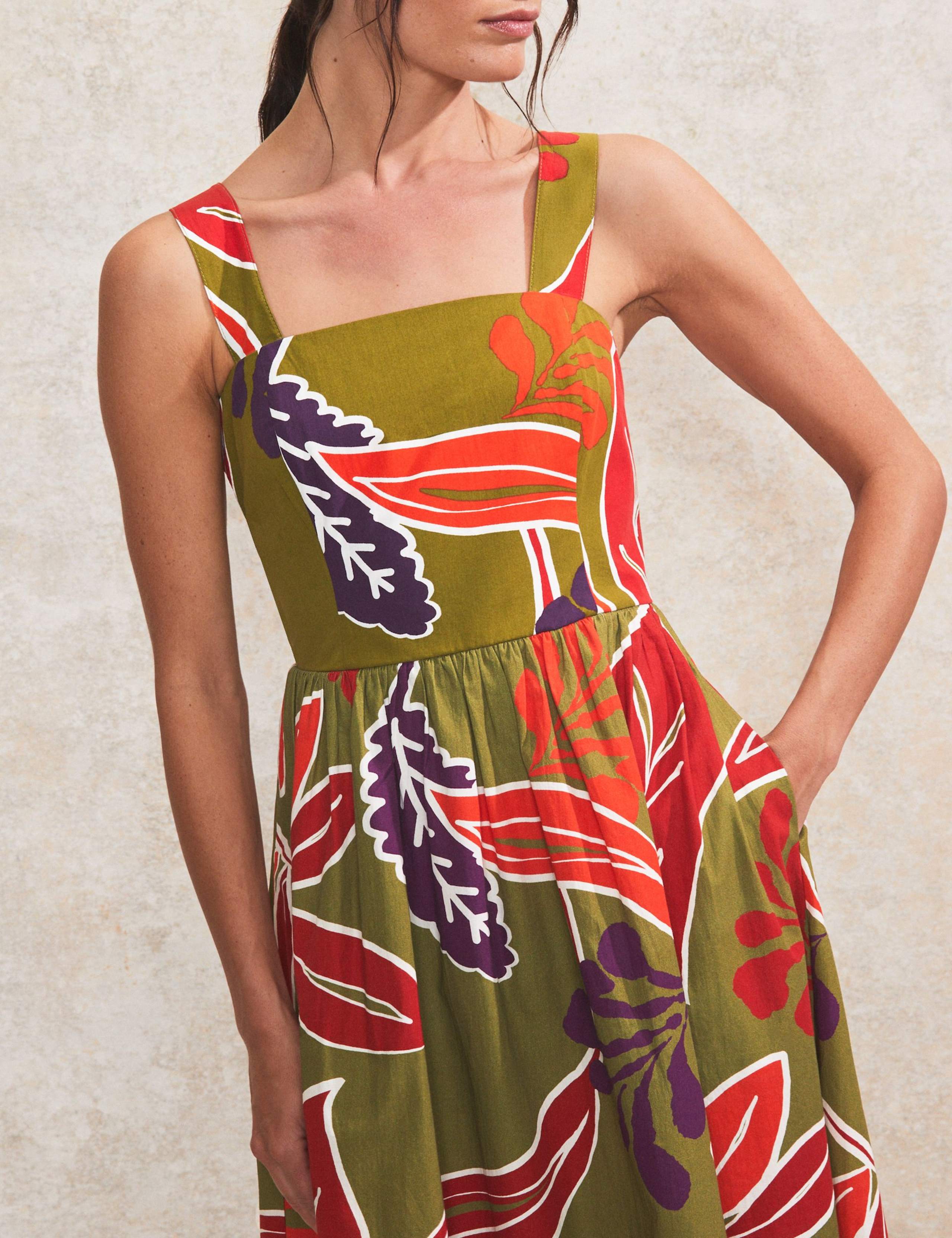 Pure Cotton Leaf Print Midaxi Waisted Dress 4 of 5
