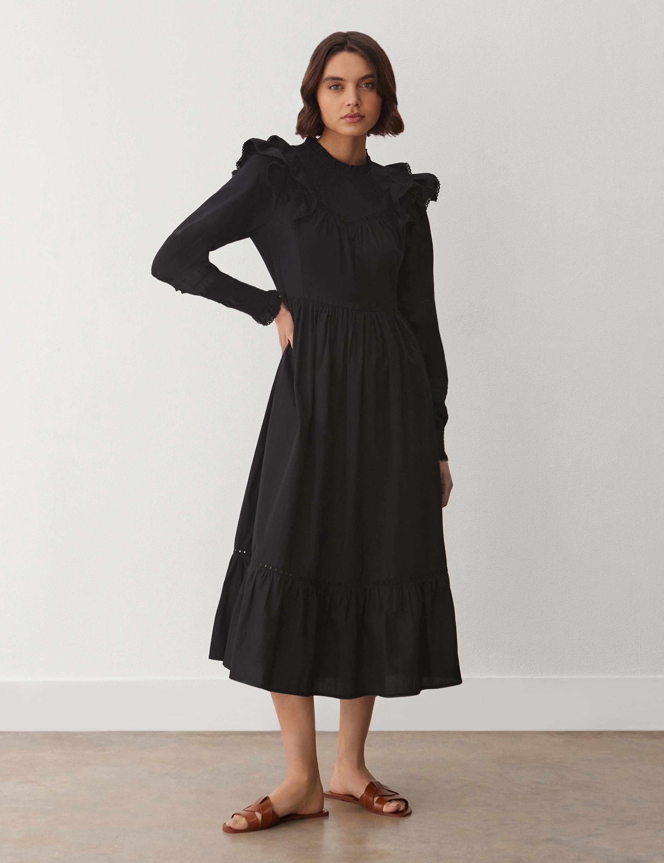 Pure Cotton Ruffle Shoulder Midi Dress 2 of 4