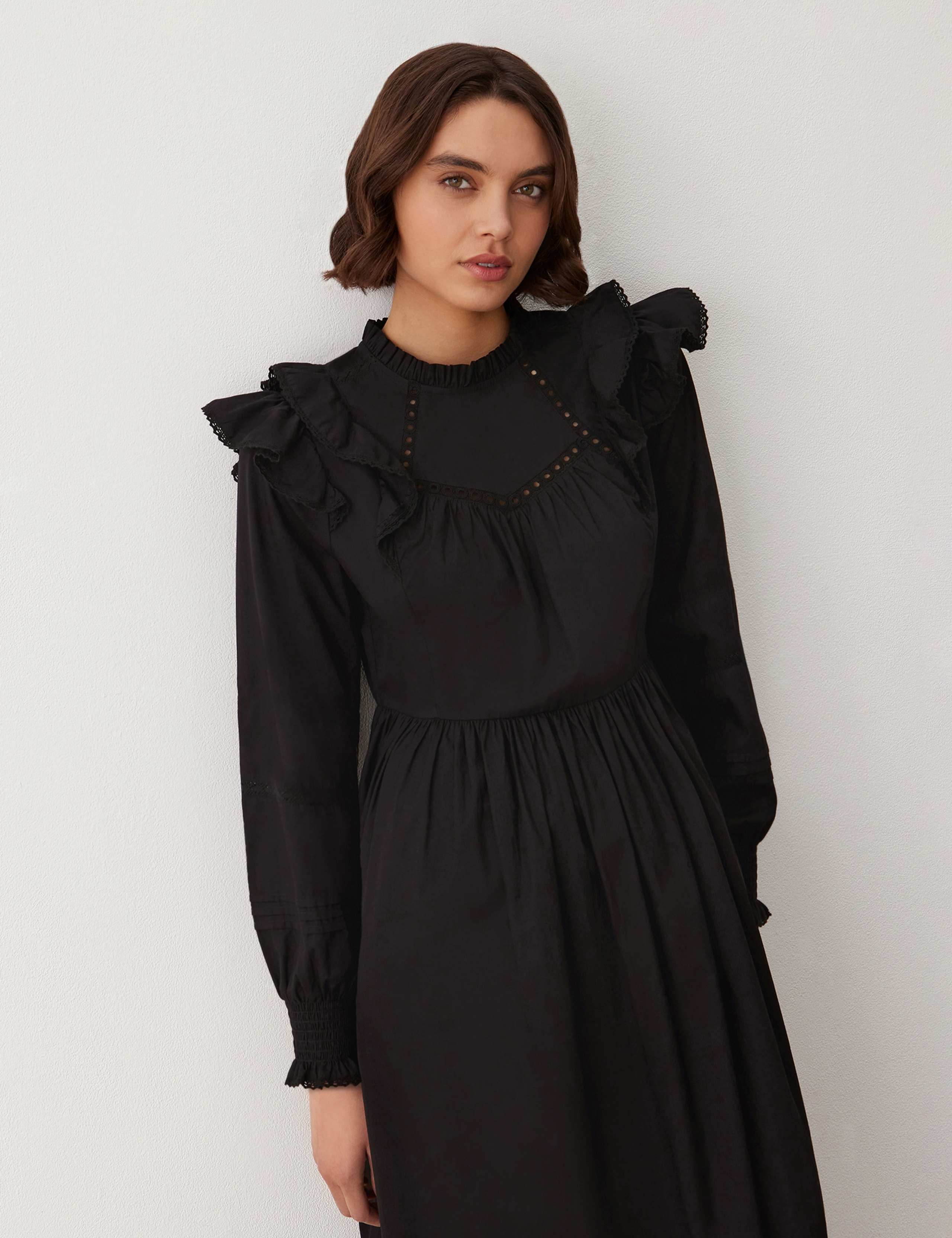 Pure Cotton Ruffle Shoulder Midi Dress 3 of 4