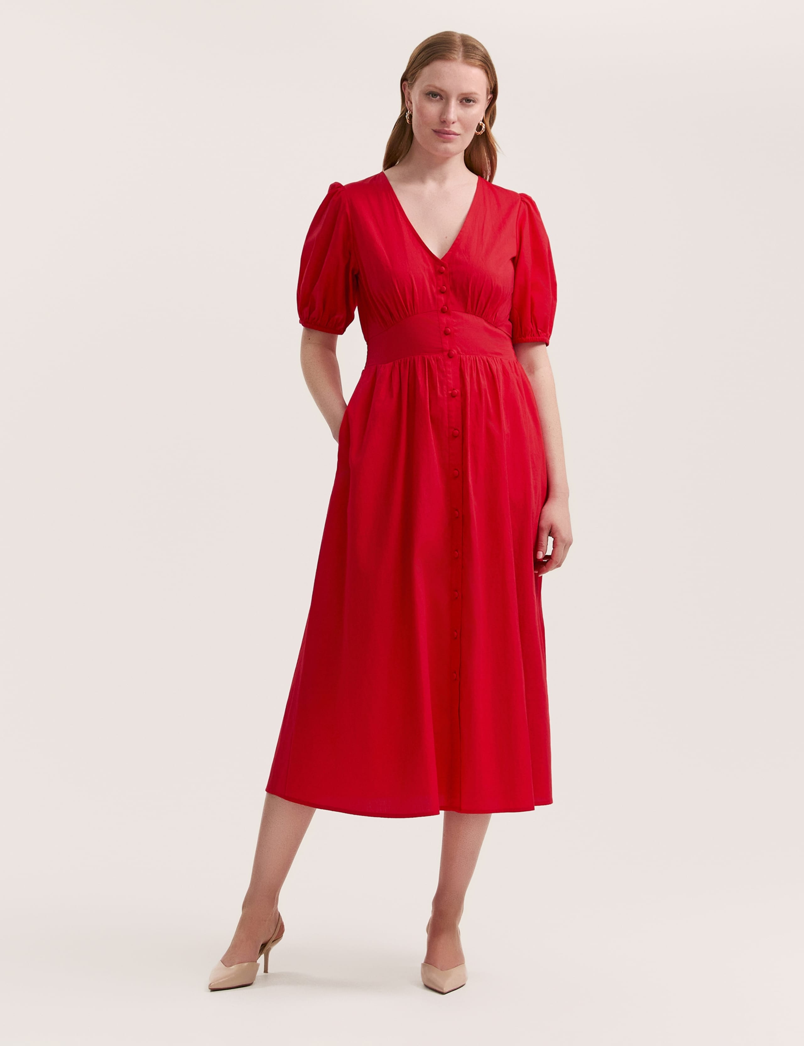 Pure Cotton V-Neck Midi Tea Dress 2 of 4