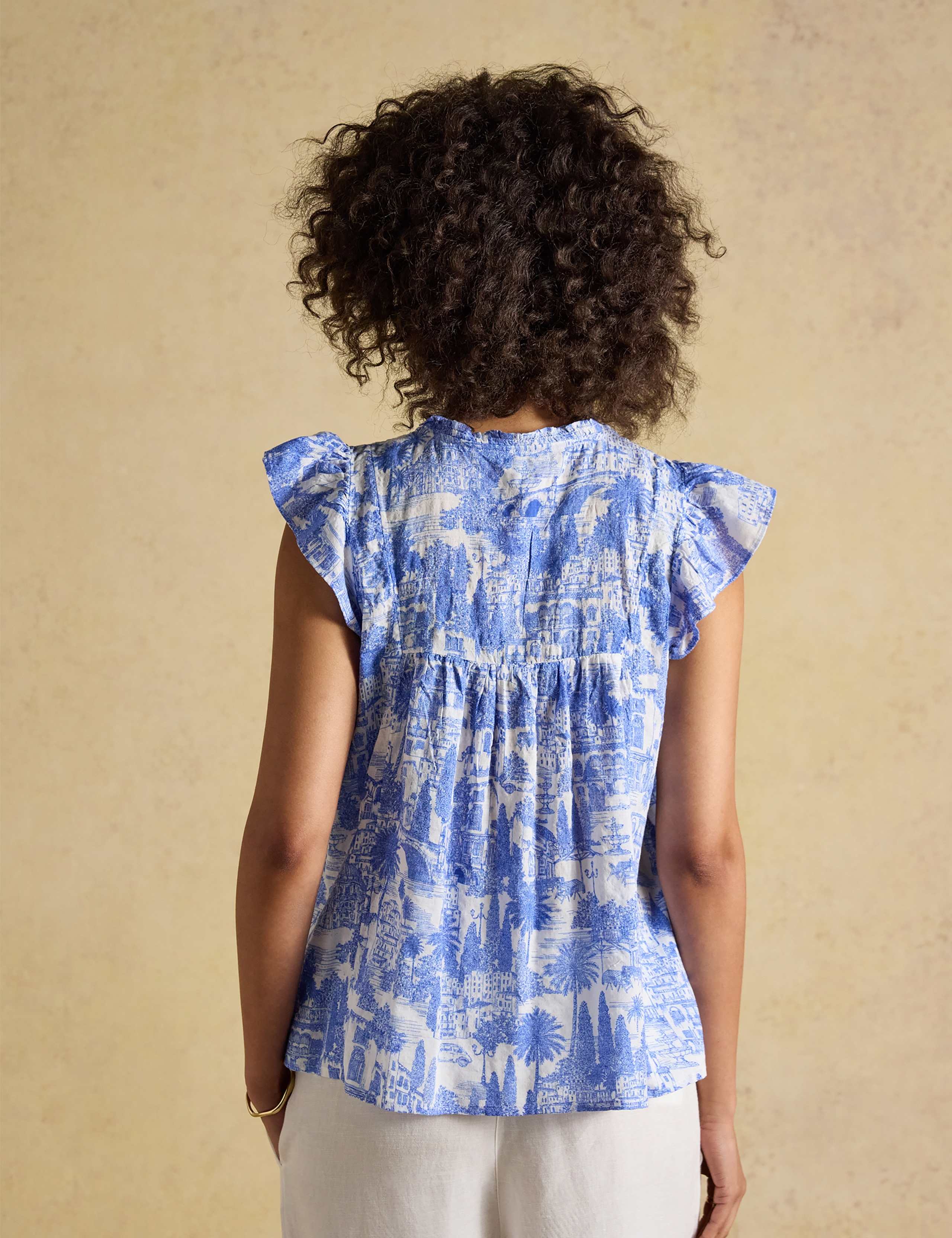 Cotton Rich Printed Smocked Tie Neck Blouse 5 of 9