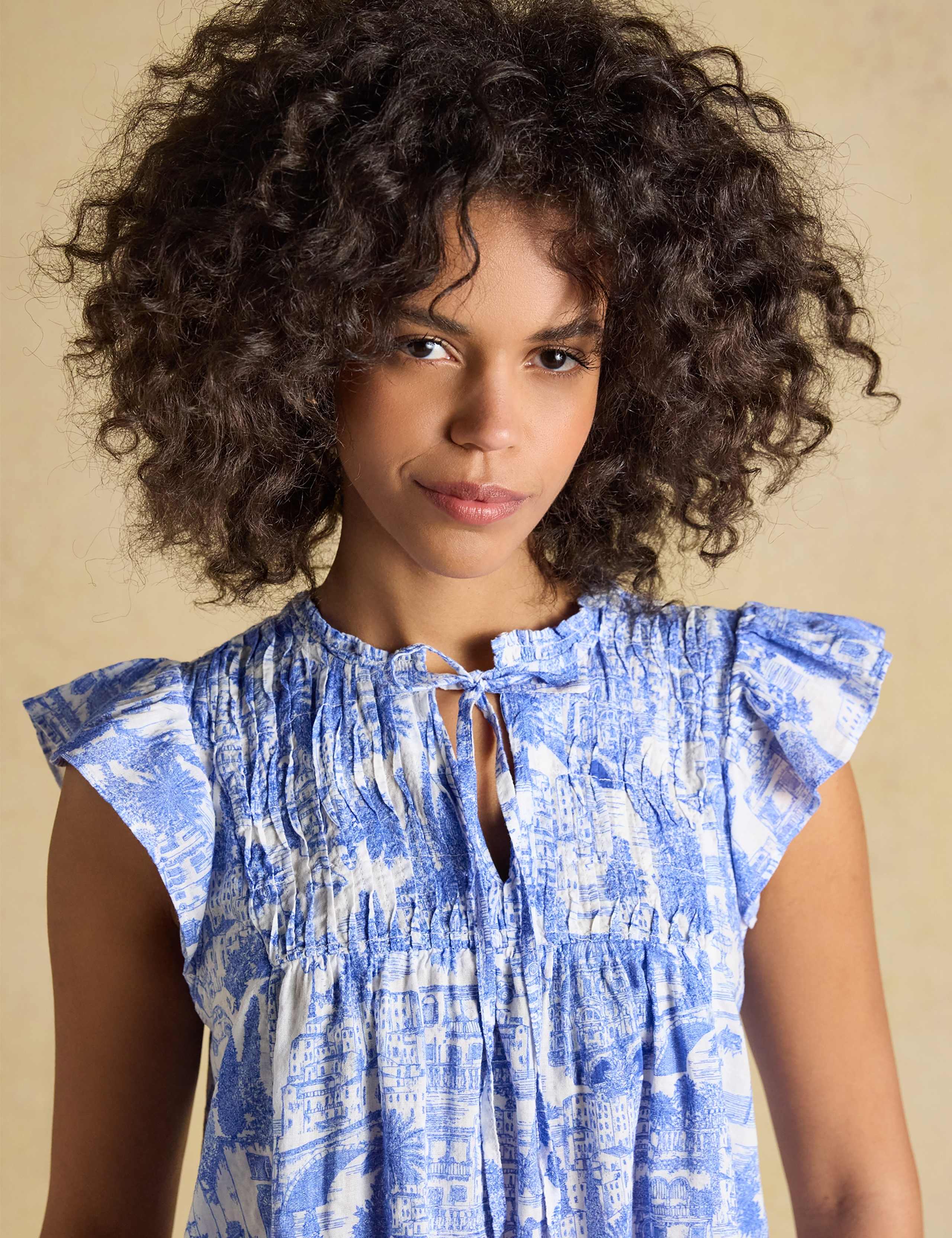 Cotton Rich Printed Smocked Tie Neck Blouse 6 of 9