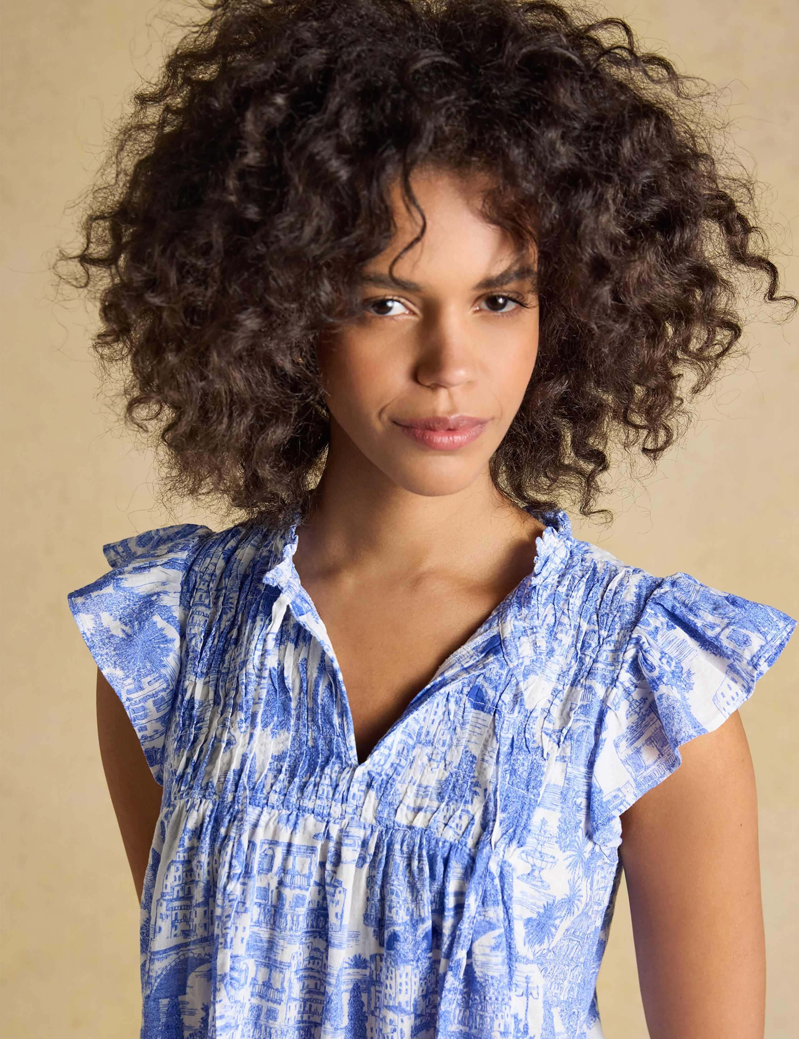 Cotton Rich Printed Smocked Tie Neck Blouse 7 of 9