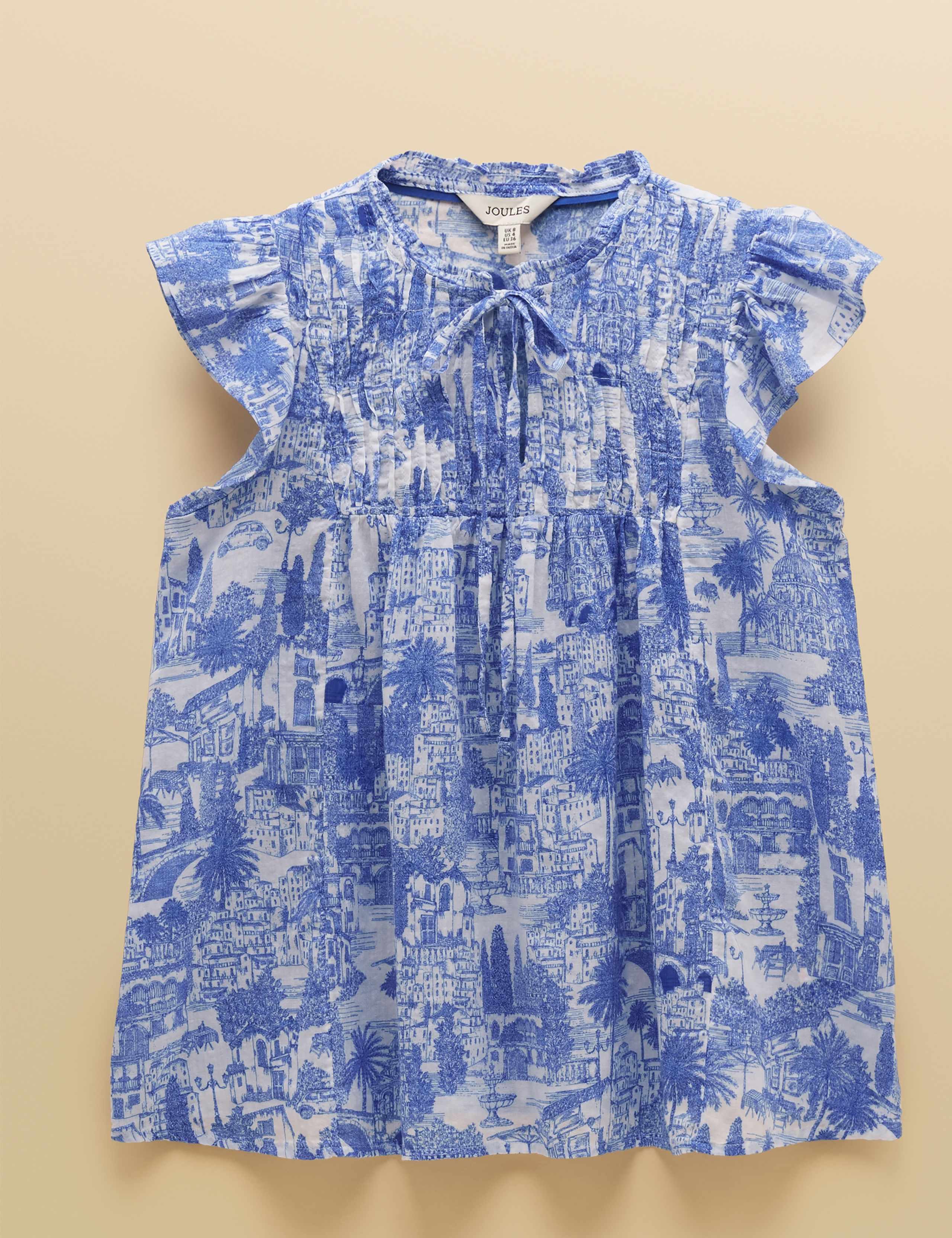 Cotton Rich Printed Smocked Tie Neck Blouse 2 of 9
