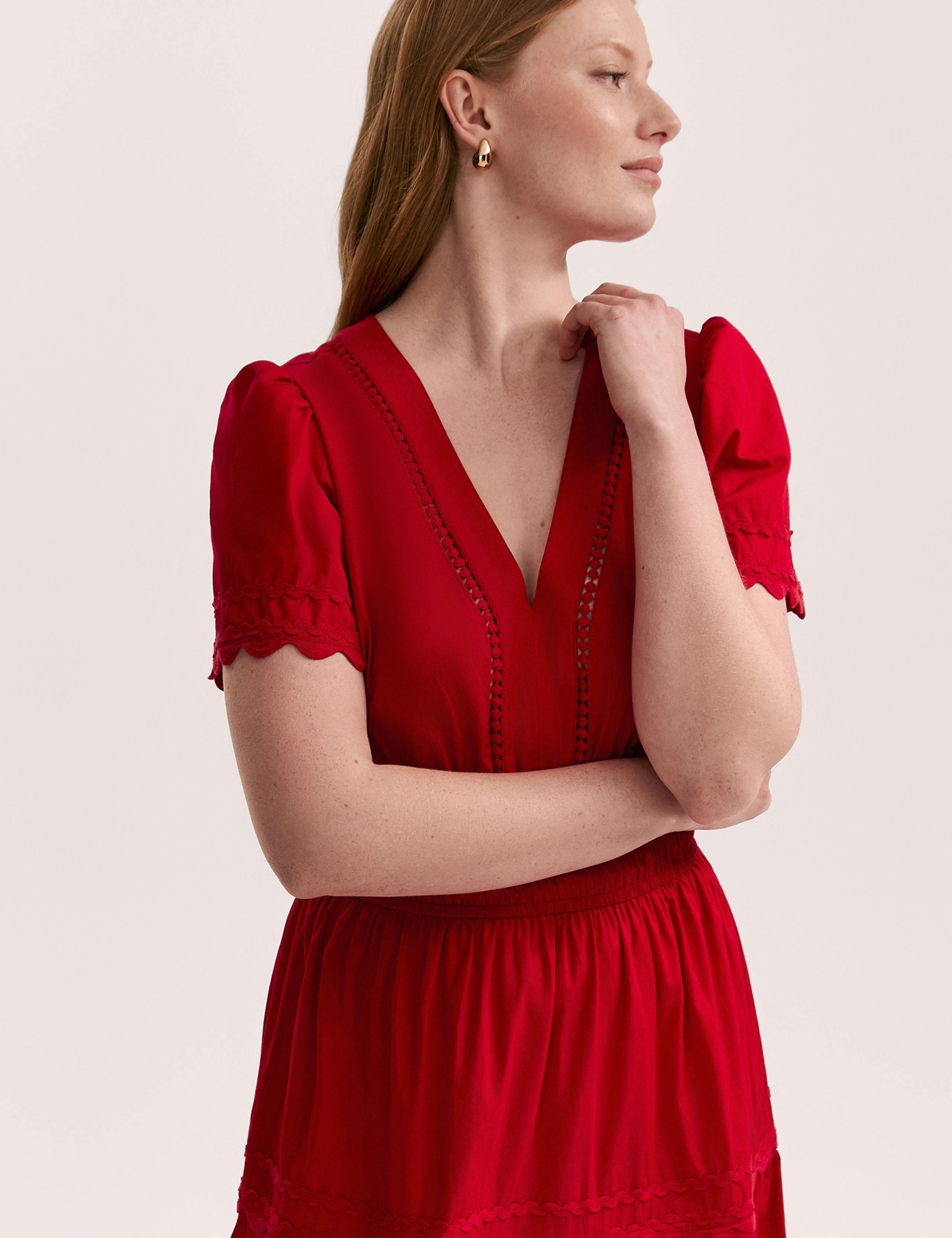 Pure Cotton Textured V-Neck Midi Tiered Dress 4 of 4