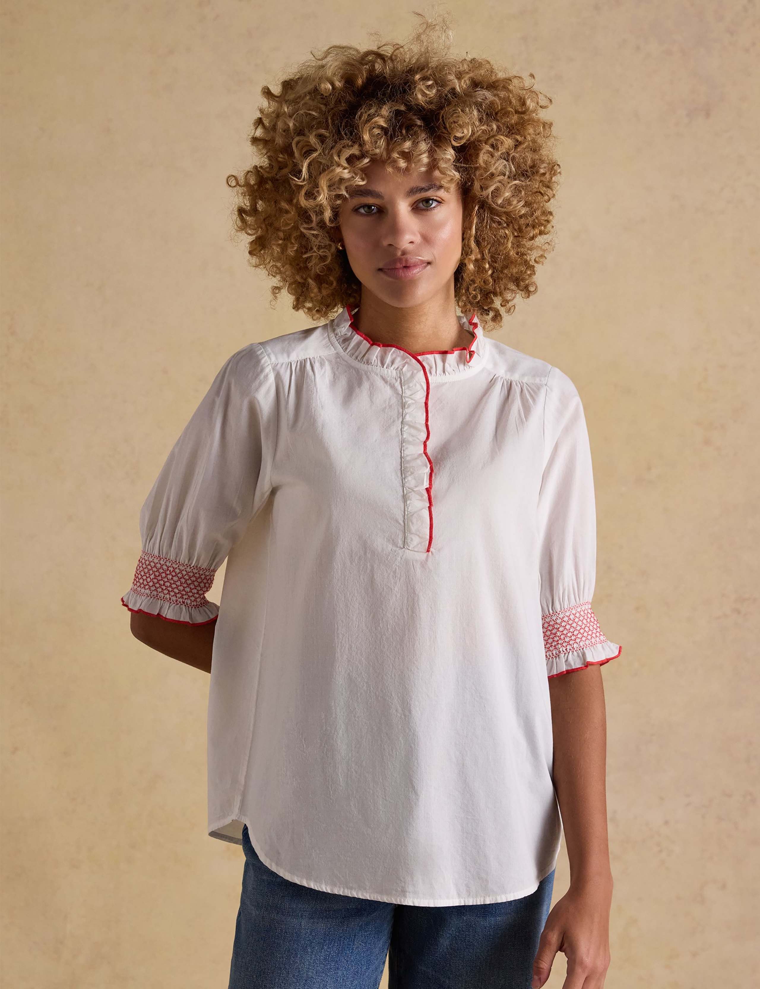 Pure Cotton High Neck Button Through Blouse 1 of 8