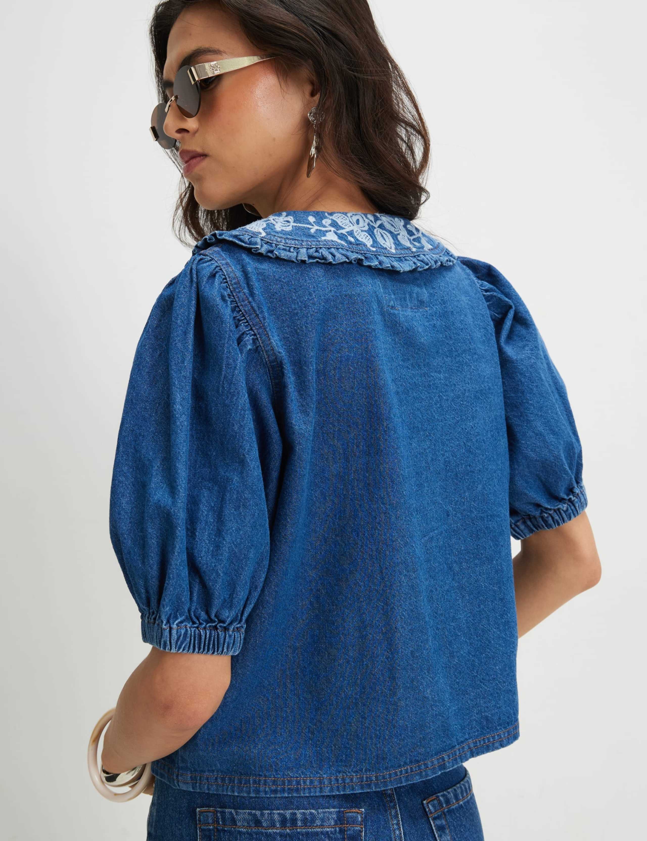 Denim Collared Puff Sleeve Shirt 4 of 5