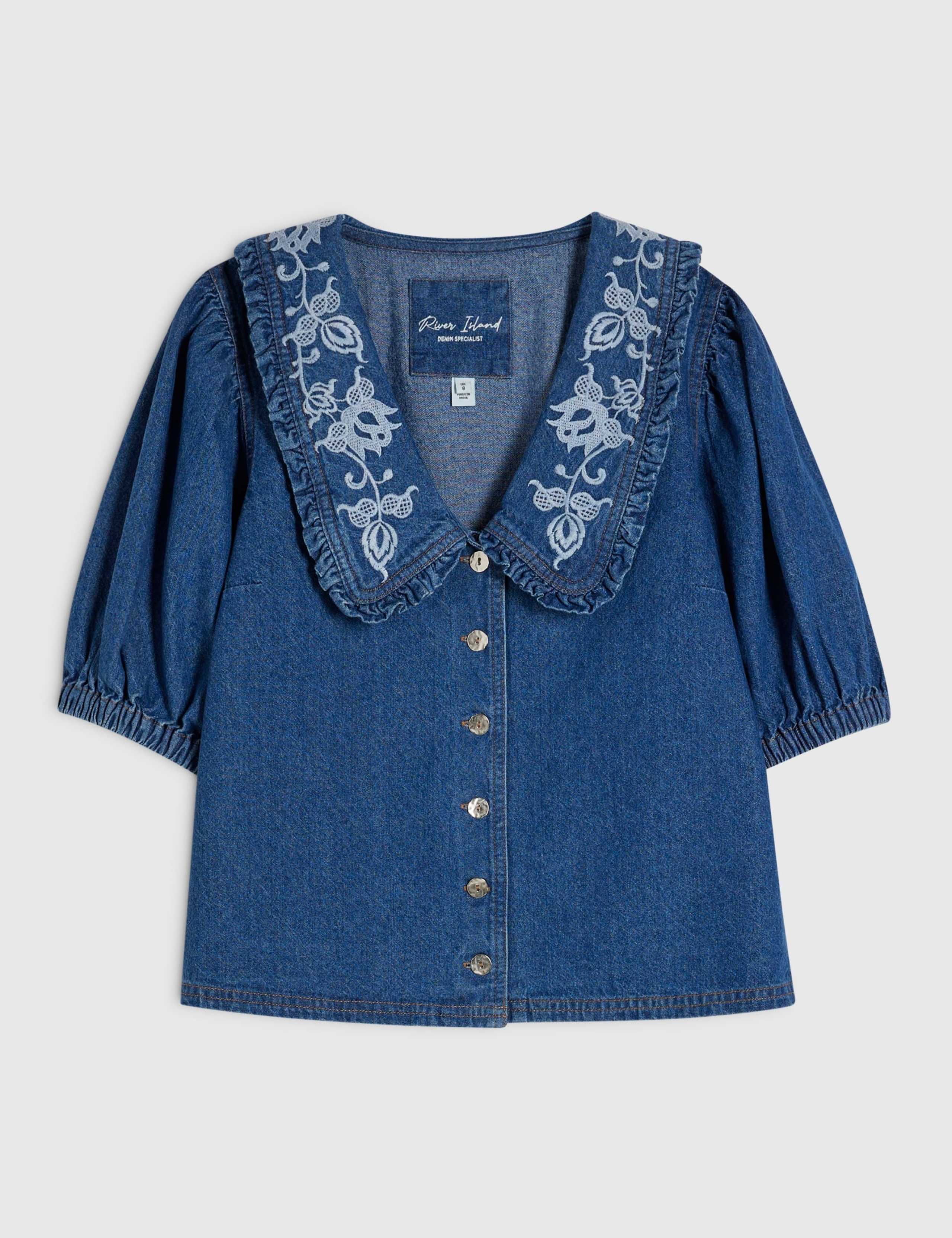 Denim Collared Puff Sleeve Shirt 2 of 5