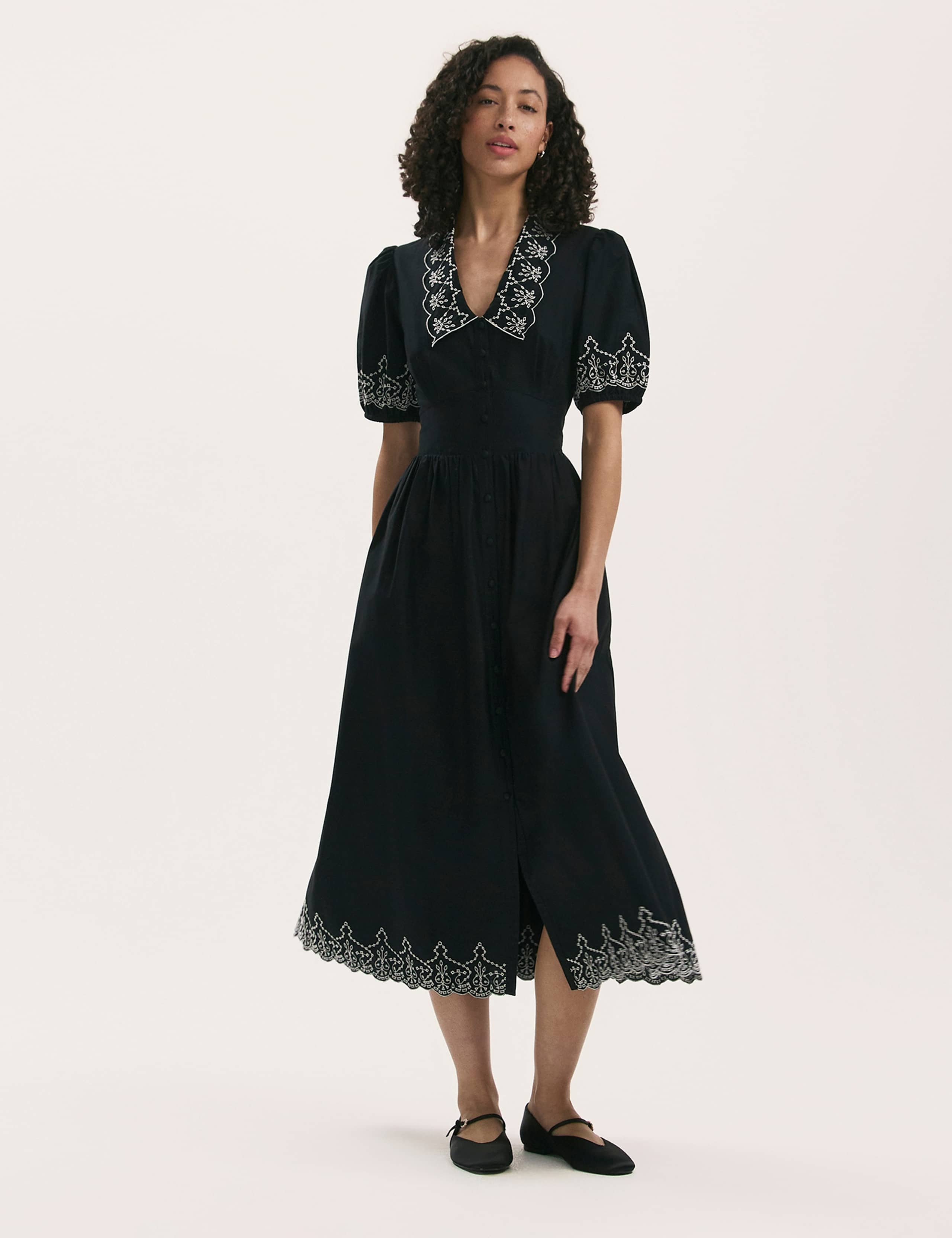 Pure Cotton Embroidered Midi Tea Dress 2 of 4