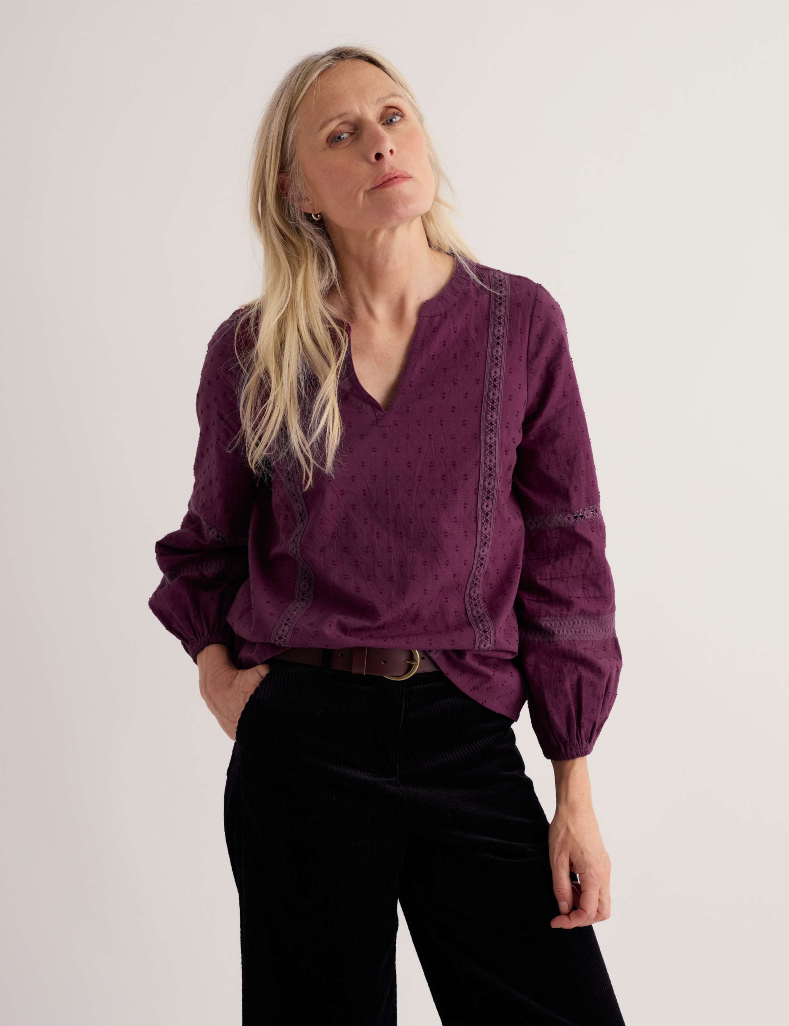 Pure Cotton Dobby Notch Neck Lace Insert Top 3 of 5