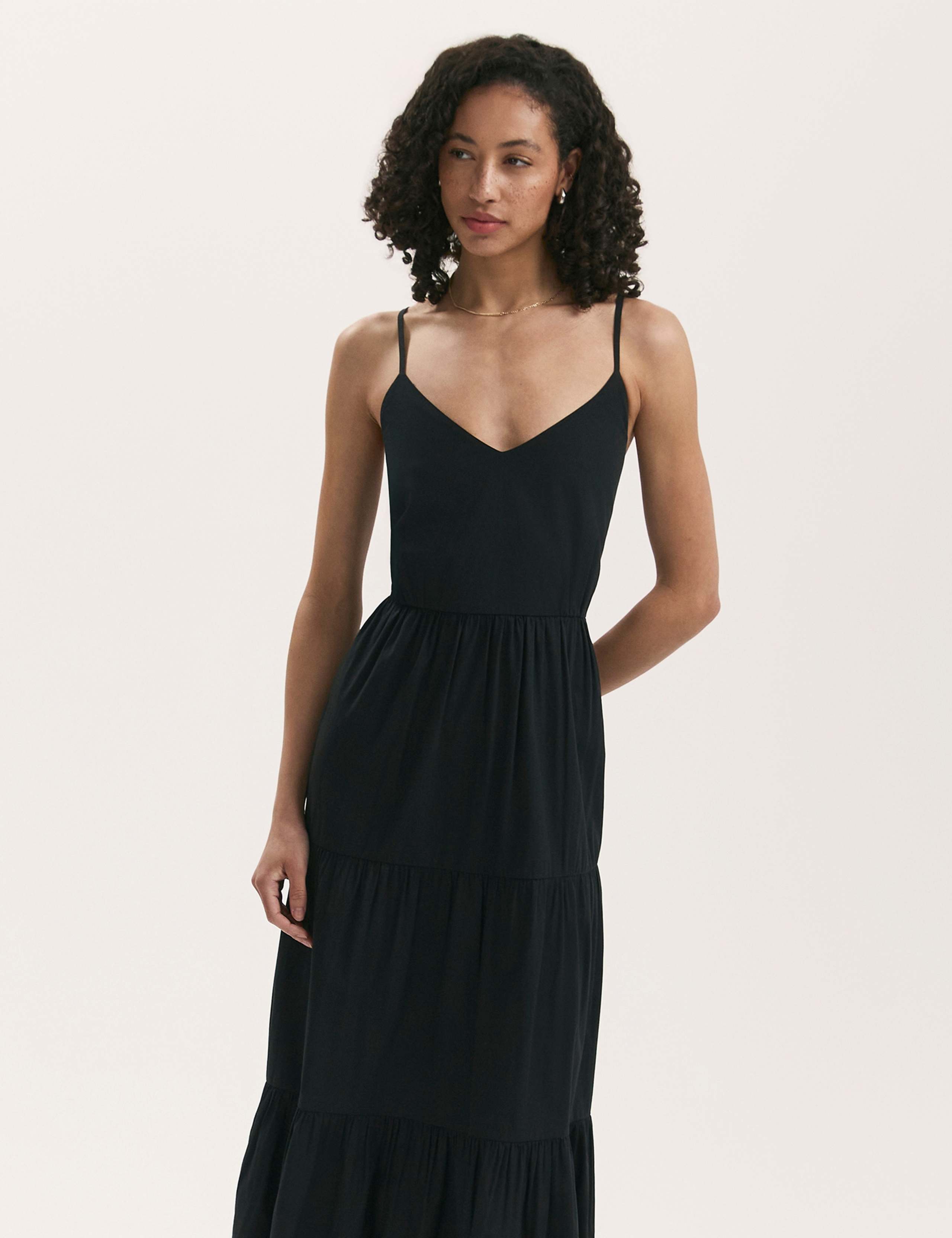 Pure Cotton V-Neck Strappy Midi Tiered Dress 1 of 4