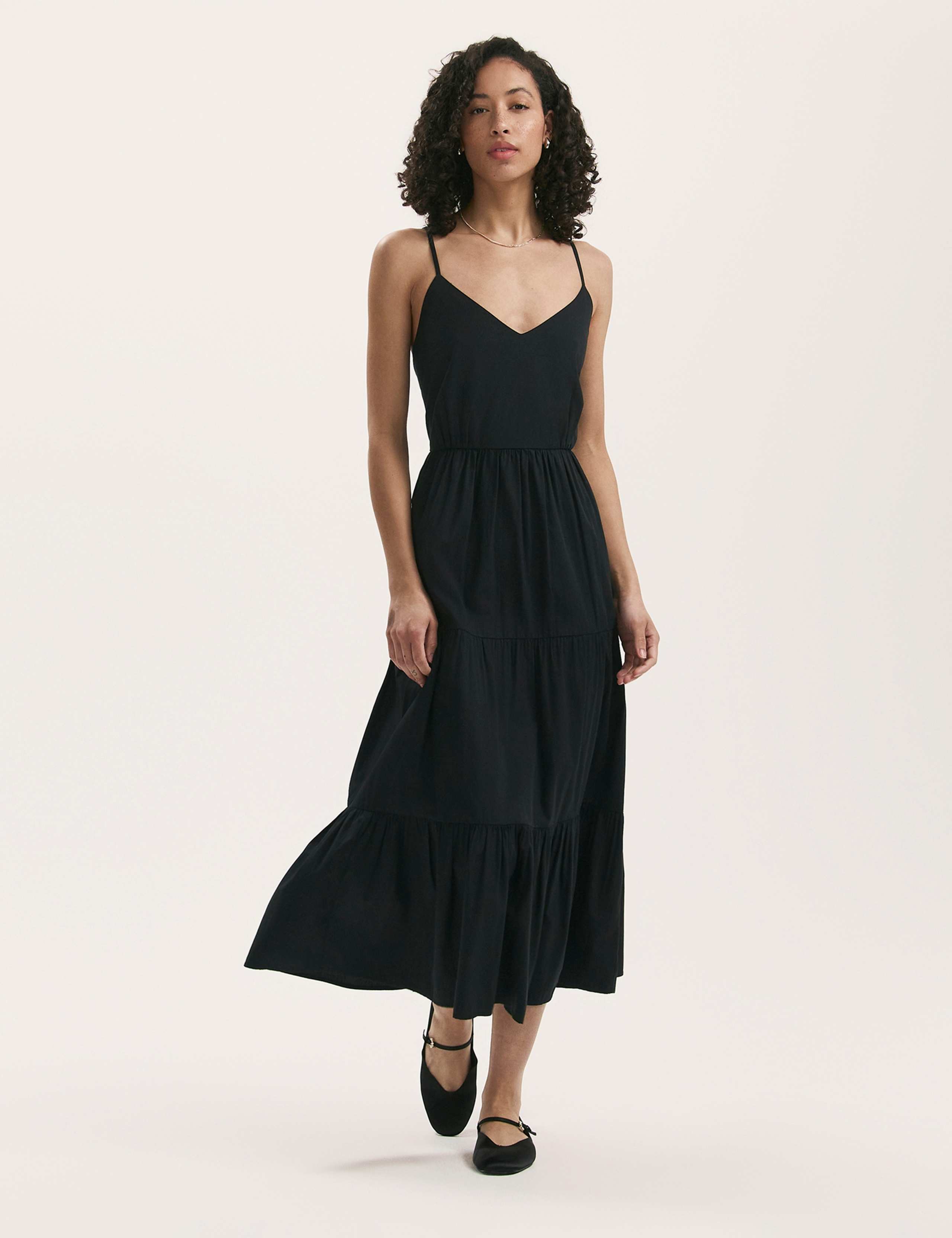 Pure Cotton V-Neck Strappy Midi Tiered Dress 2 of 4