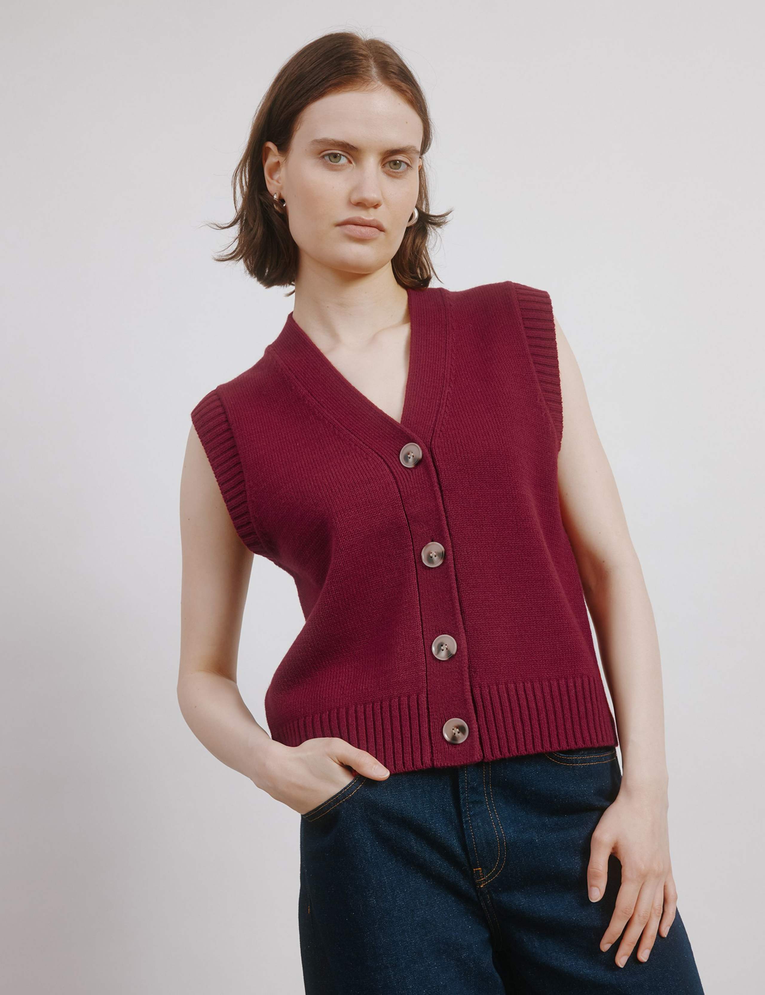 V-Neck Button Front Waistcoat with Wool 1 of 4