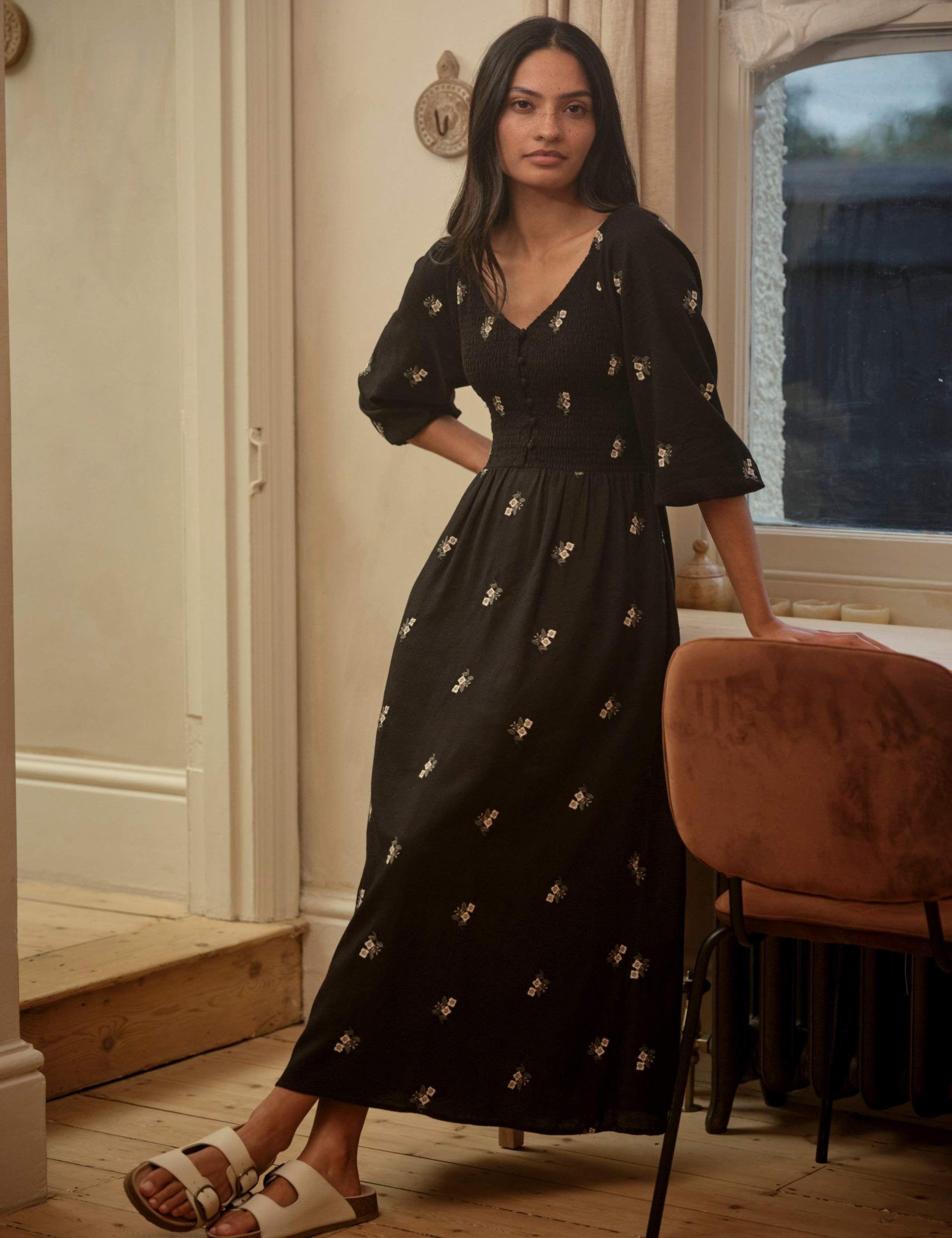 Floral Embroidery Shirred Midi Skater Dress 5 of 7