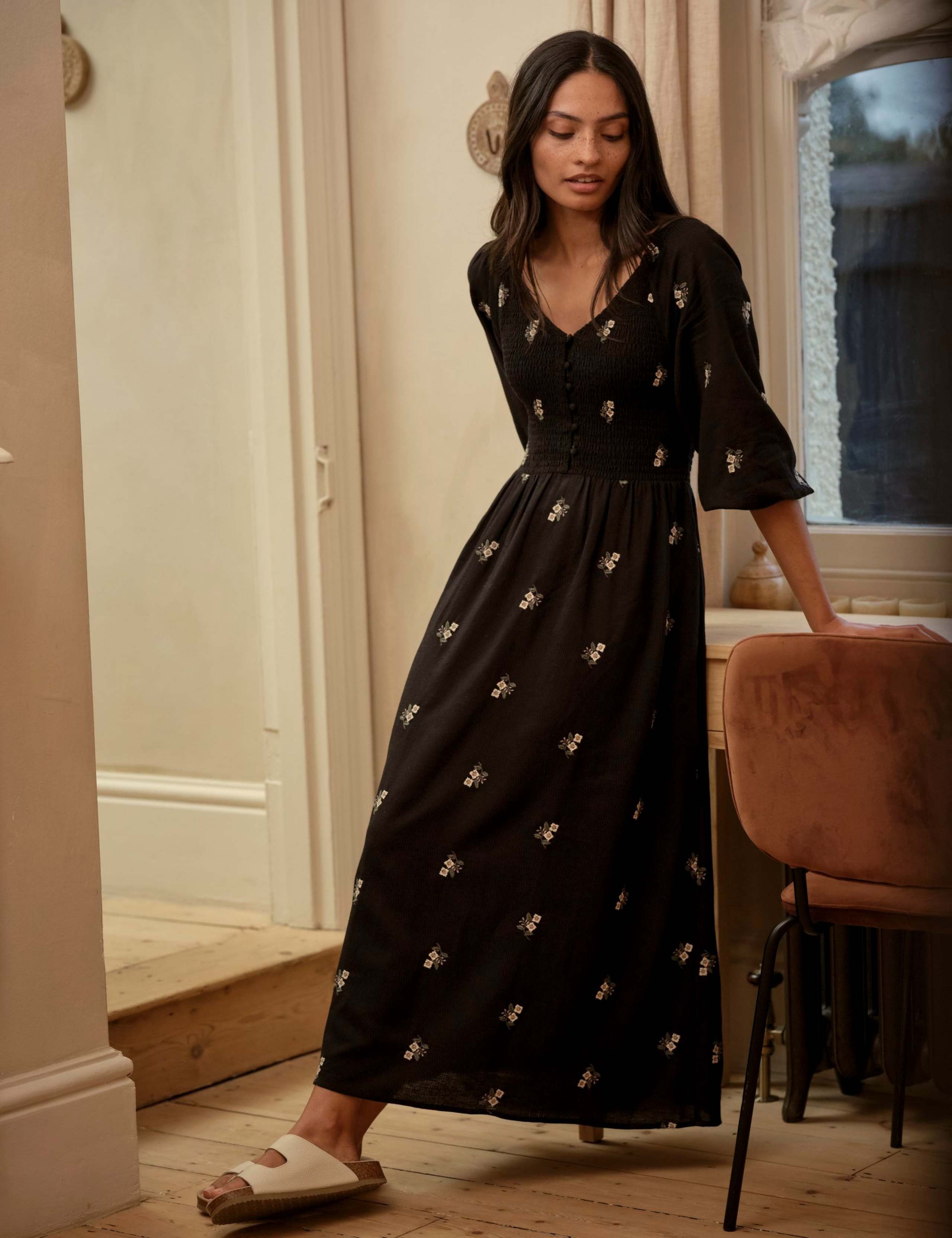 Floral Embroidery Shirred Midi Skater Dress 6 of 7