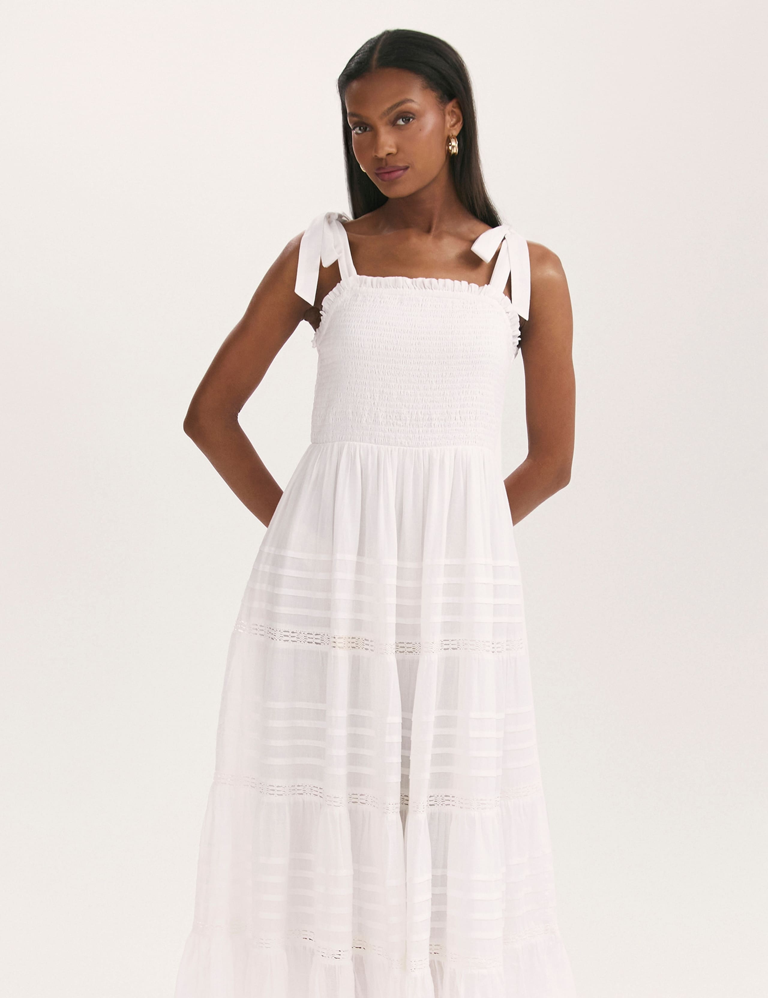 Pure Cotton Square Neck Midi Tiered Dress 1 of 5