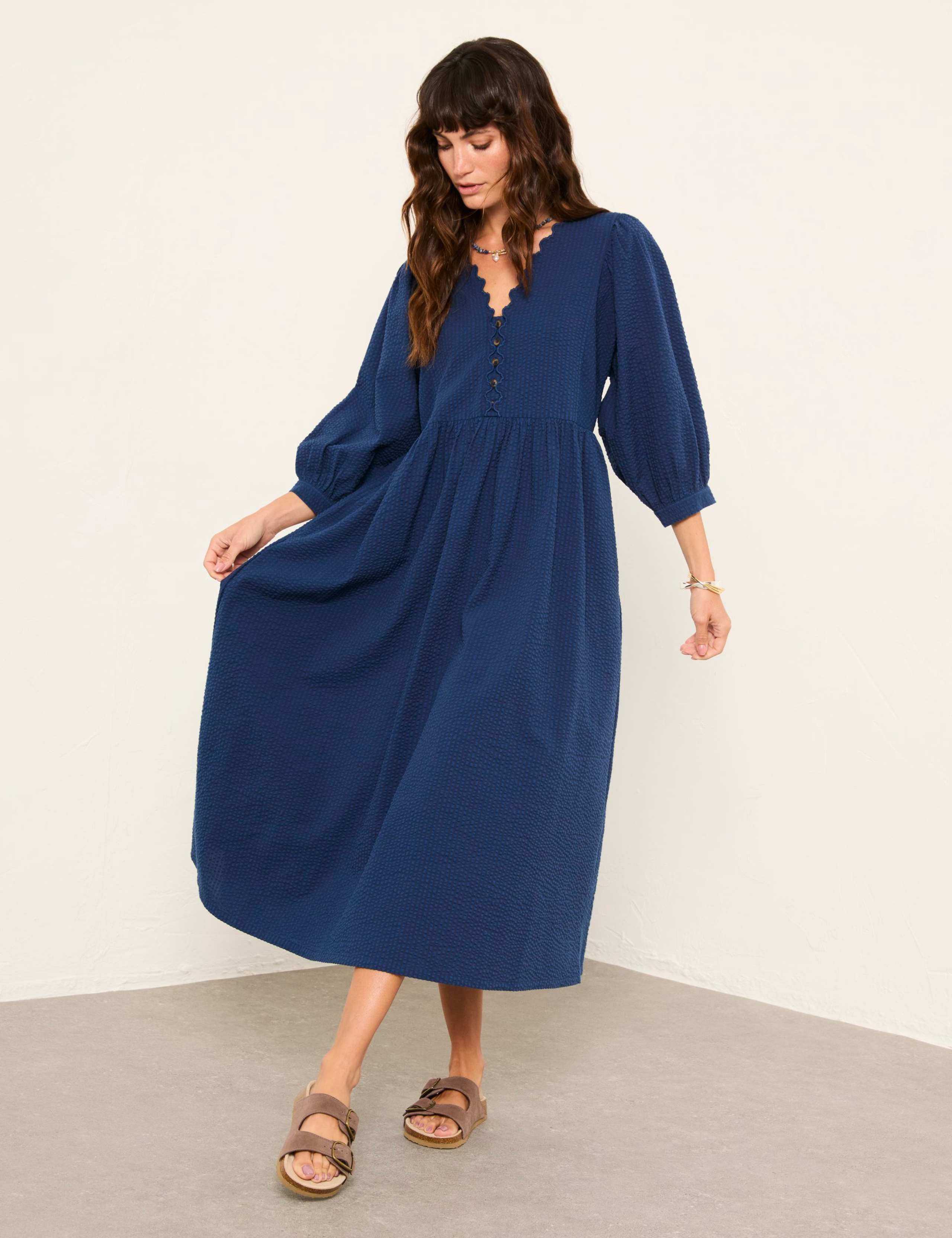 Pure Cotton Textured Midi Waisted Dress 1 of 6