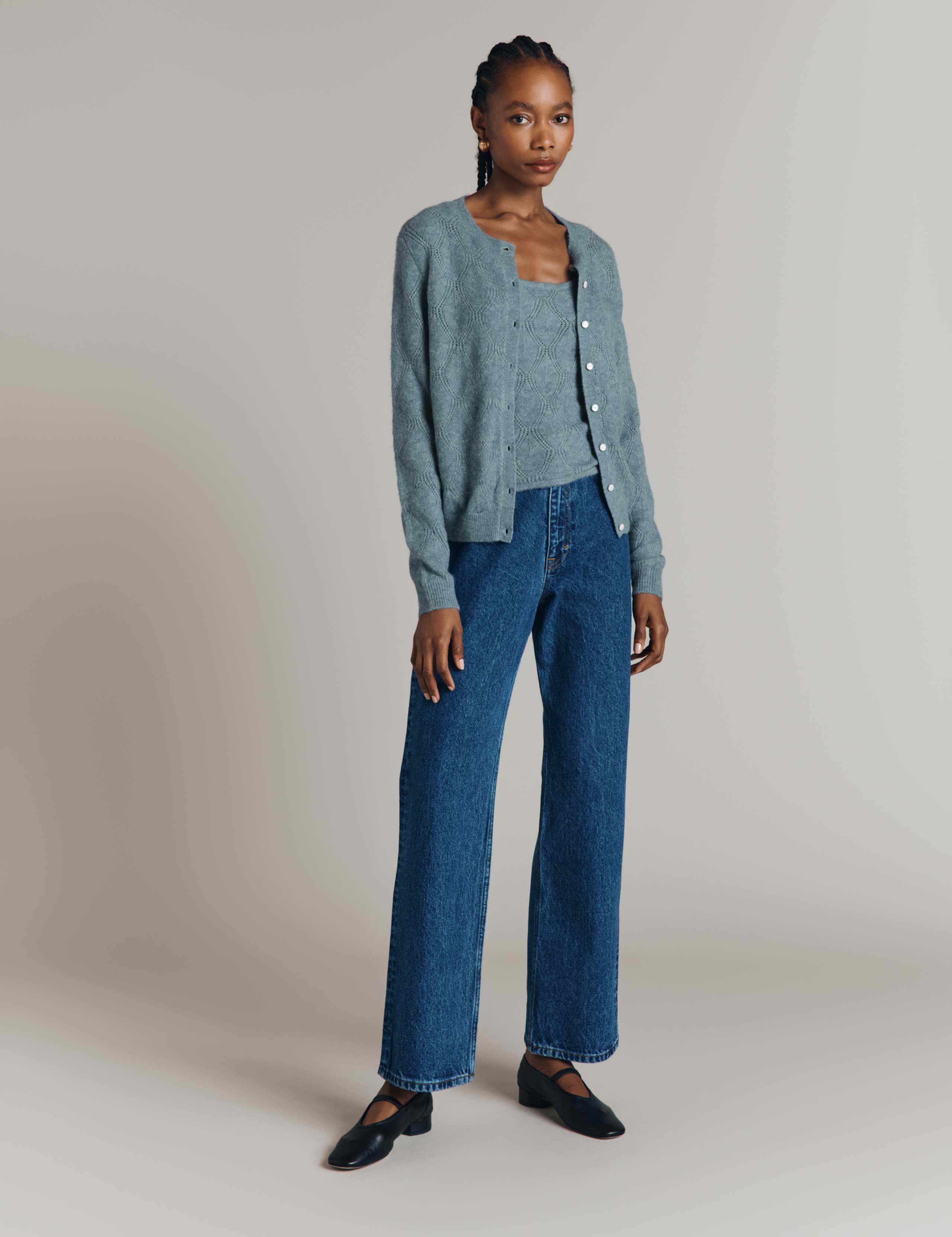 Pointelle Crew Neck Cardigan with Wool 1 of 5
