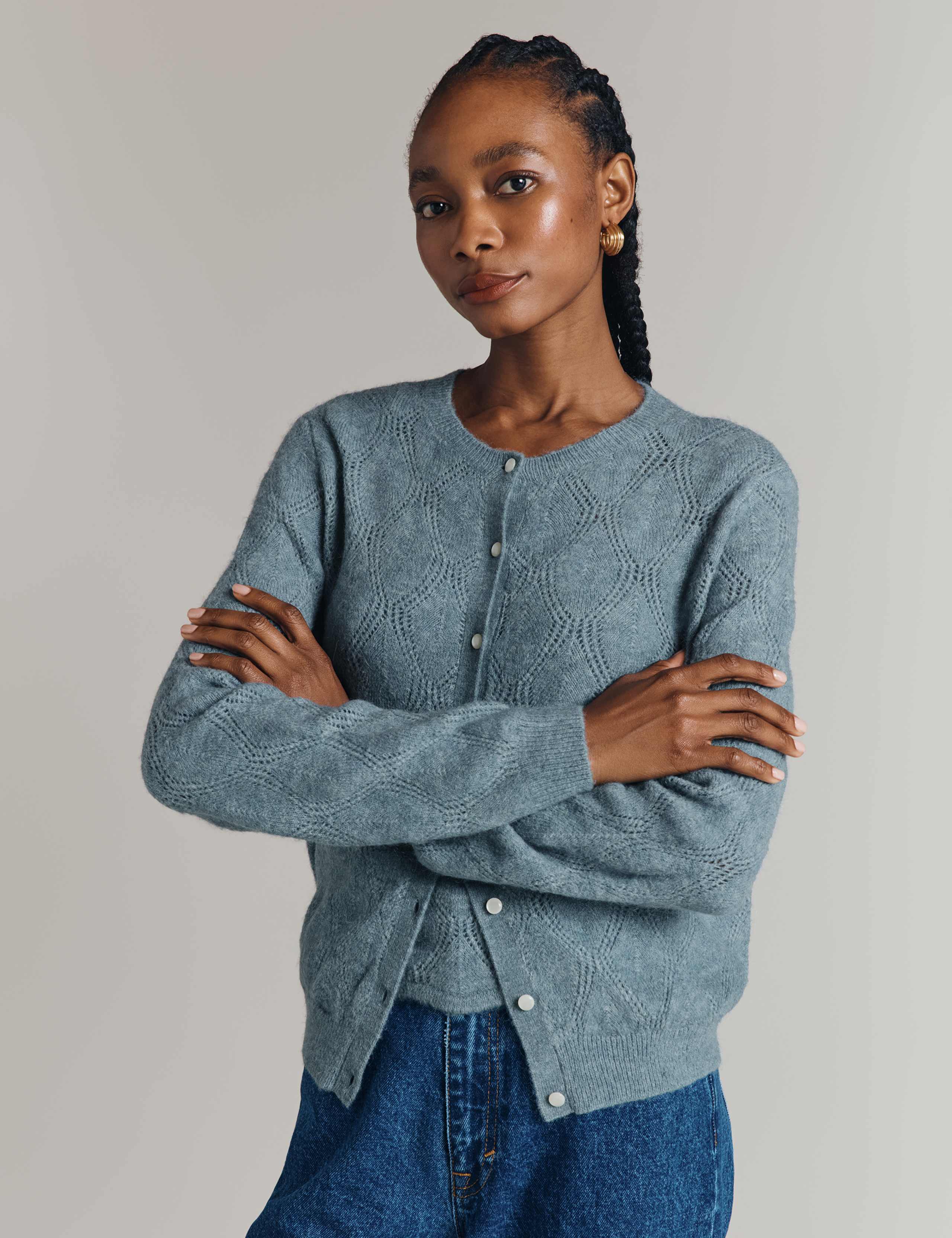 Pointelle Crew Neck Cardigan with Wool 2 of 5