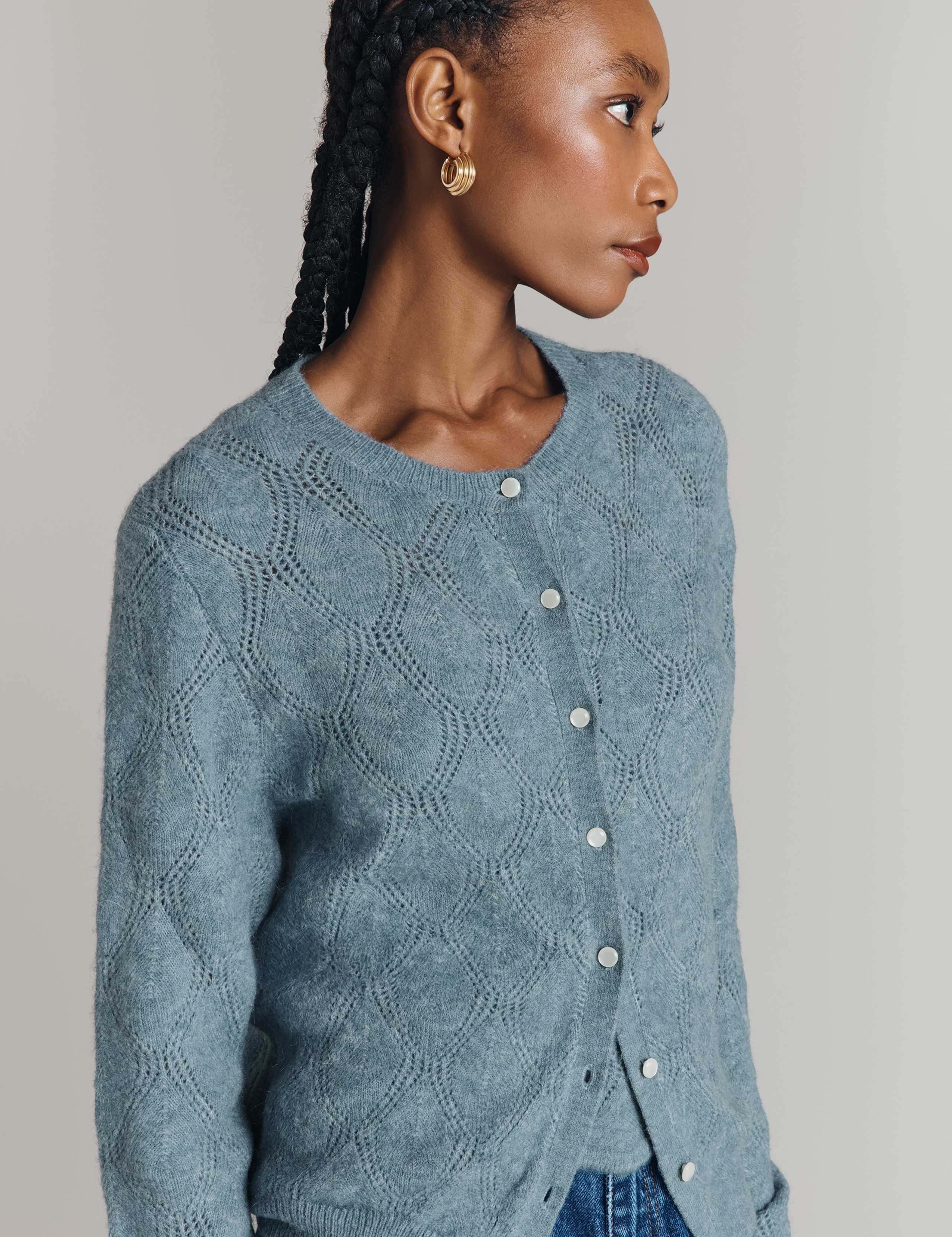 Pointelle Crew Neck Cardigan with Wool 4 of 5