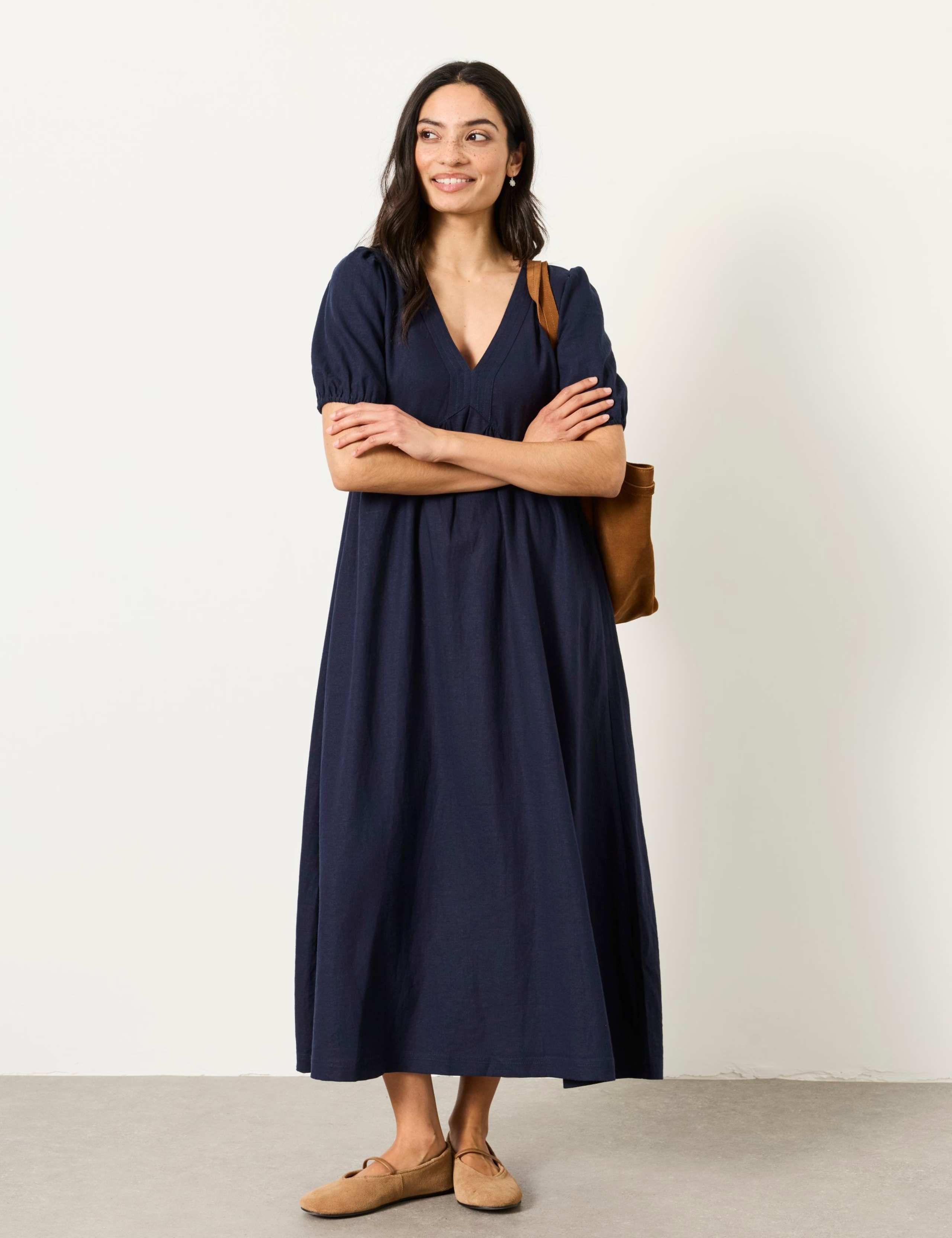 Linen Rich V-Neck Midi Waisted Dress 1 of 6
