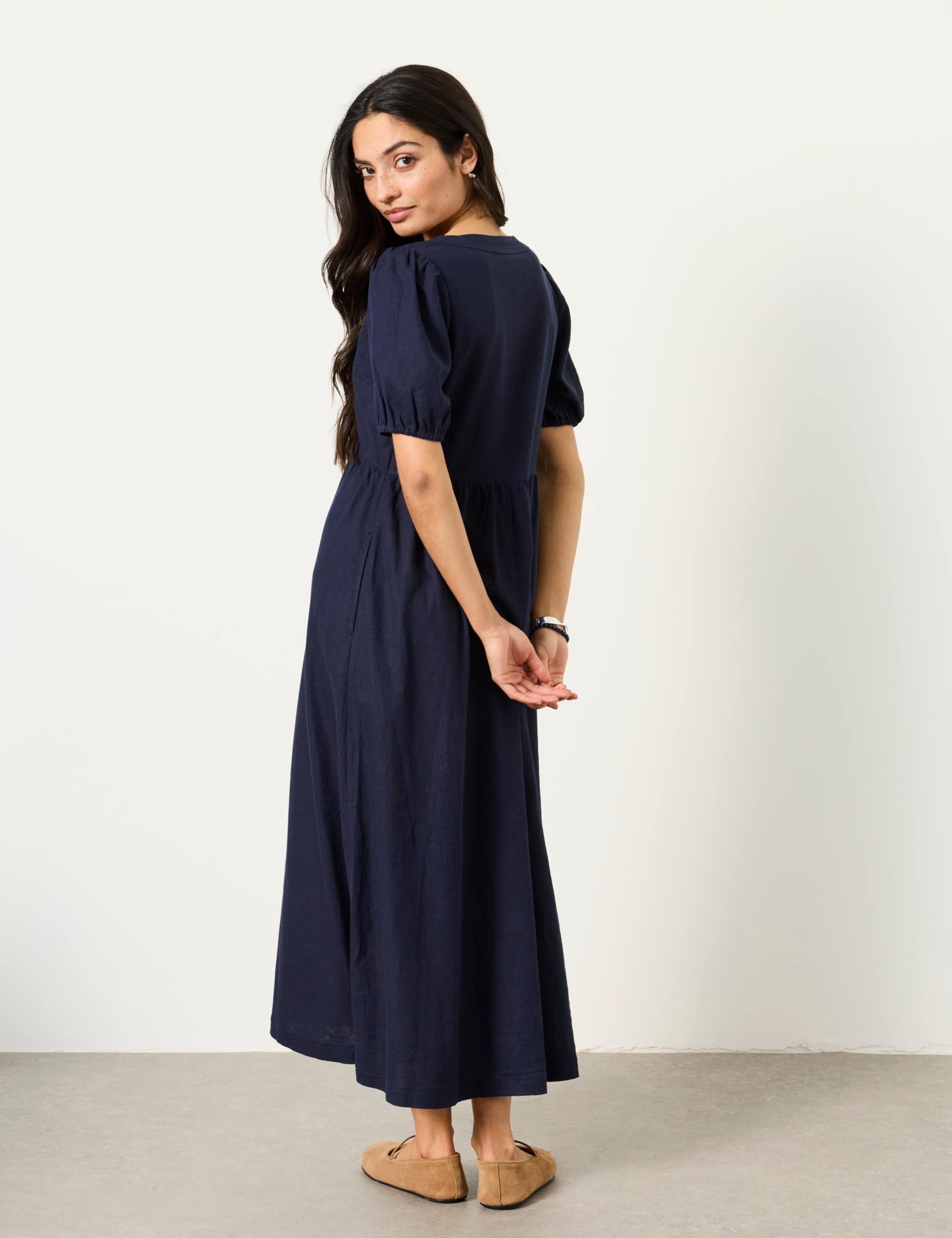 Linen Rich V-Neck Midi Waisted Dress 3 of 6