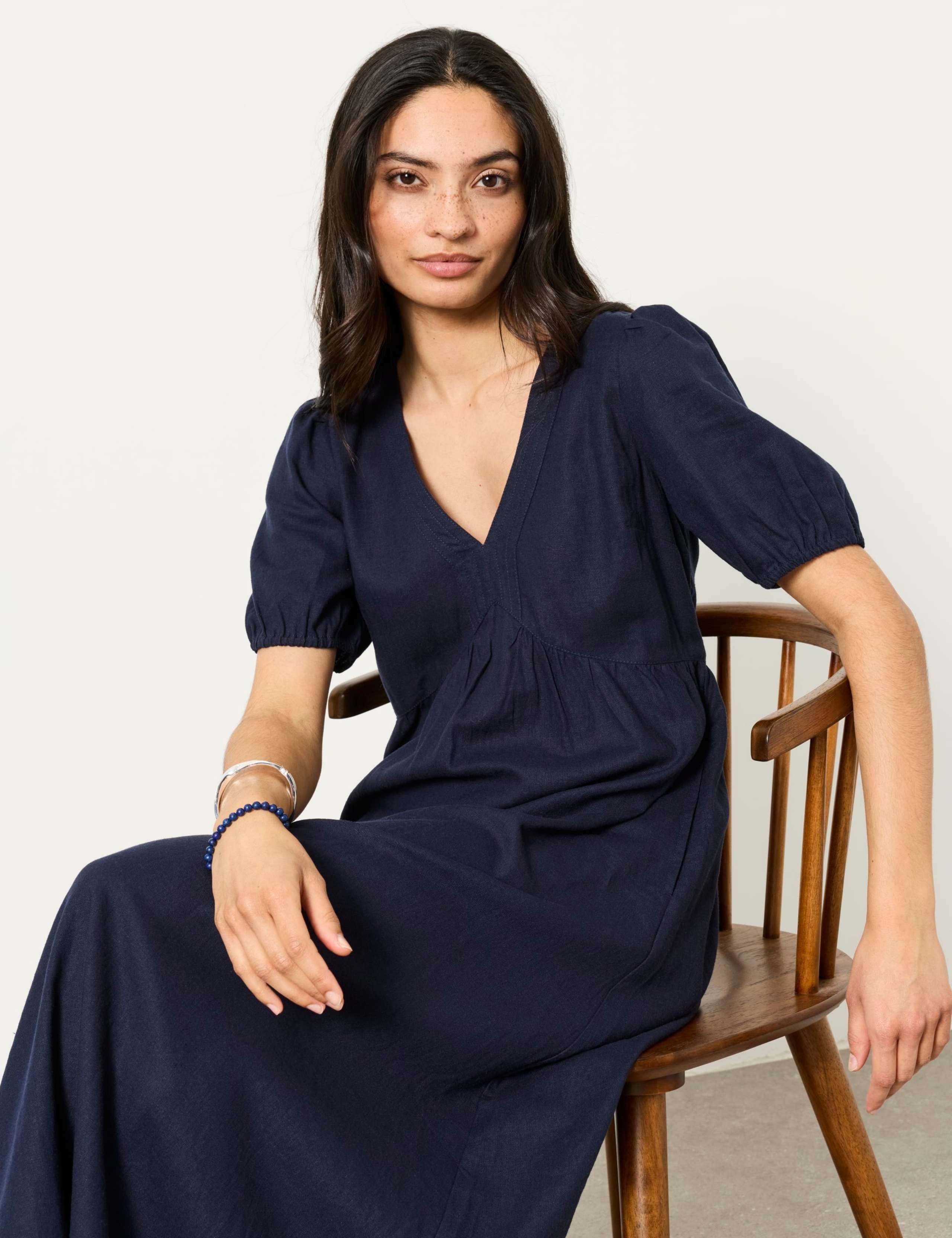 Linen Rich V-Neck Midi Waisted Dress 4 of 6