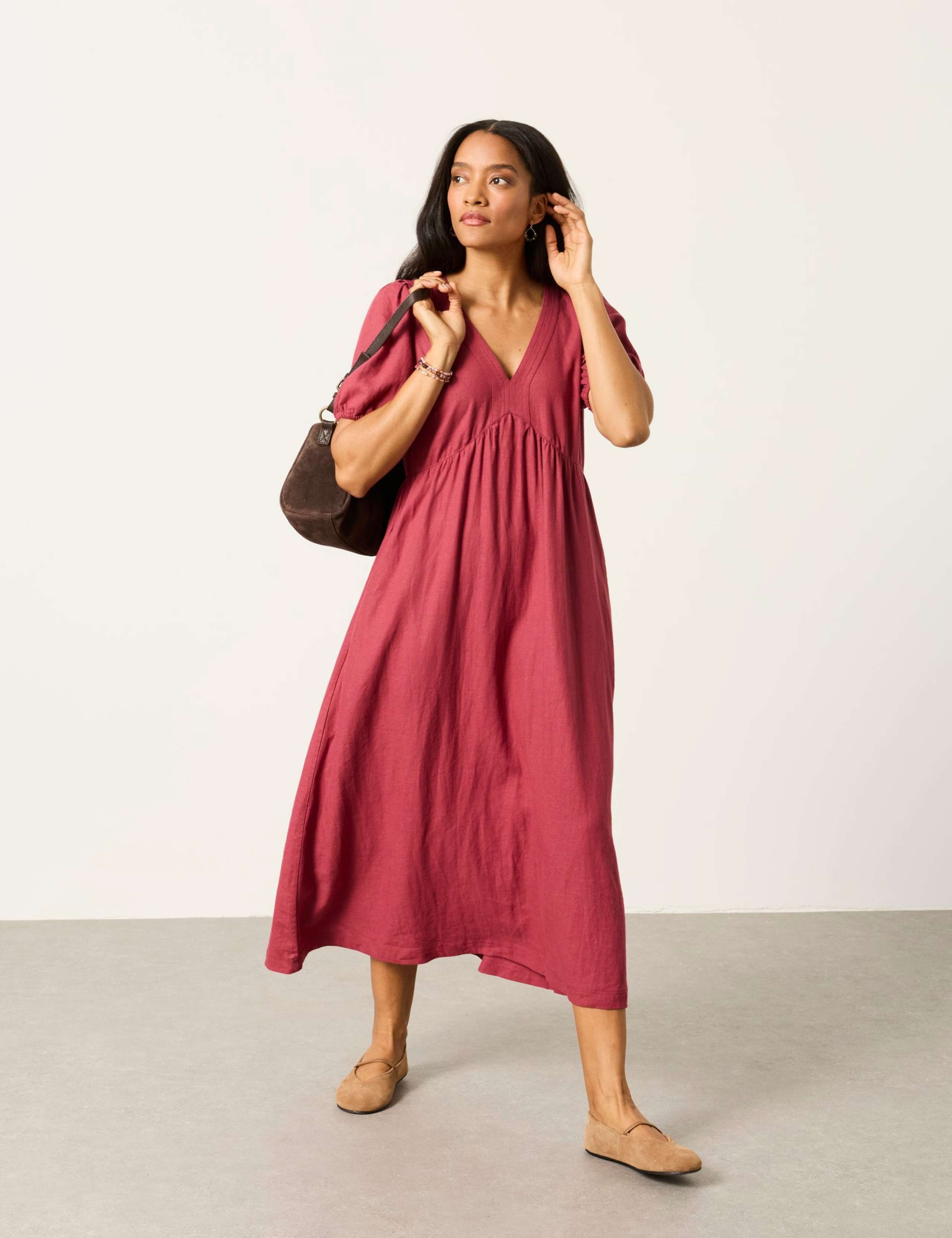 Linen Rich V-Neck Midi Waisted Dress 1 of 6