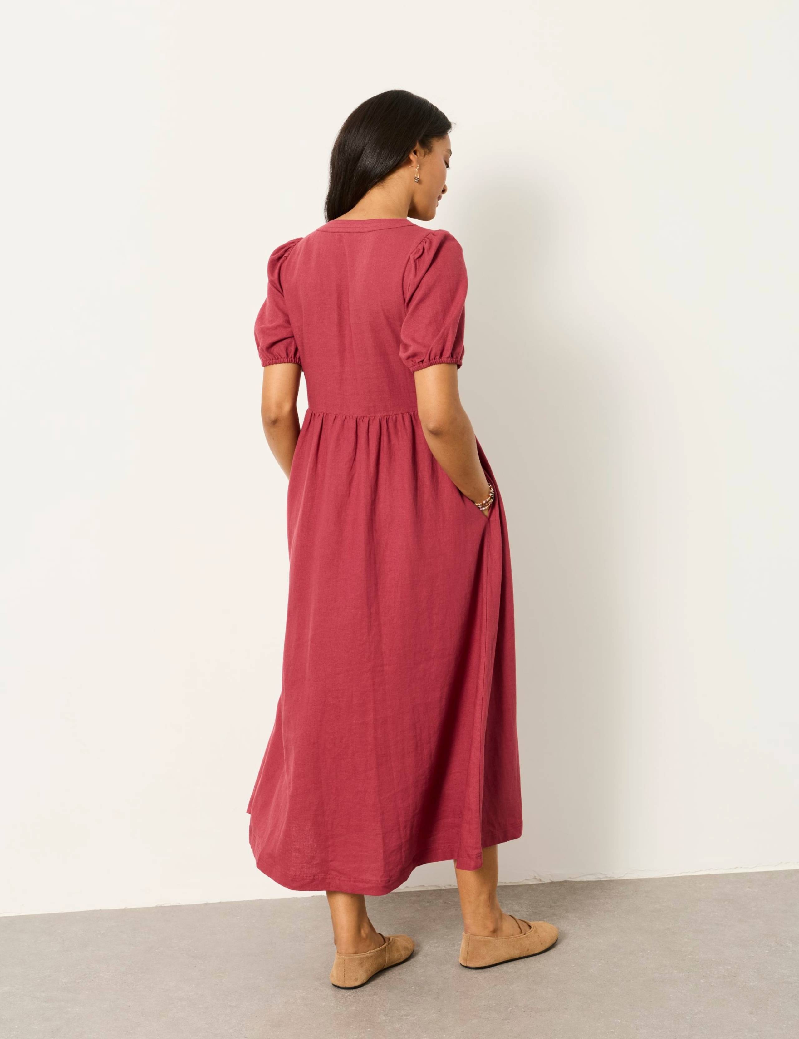 Linen Rich V-Neck Midi Waisted Dress 3 of 6