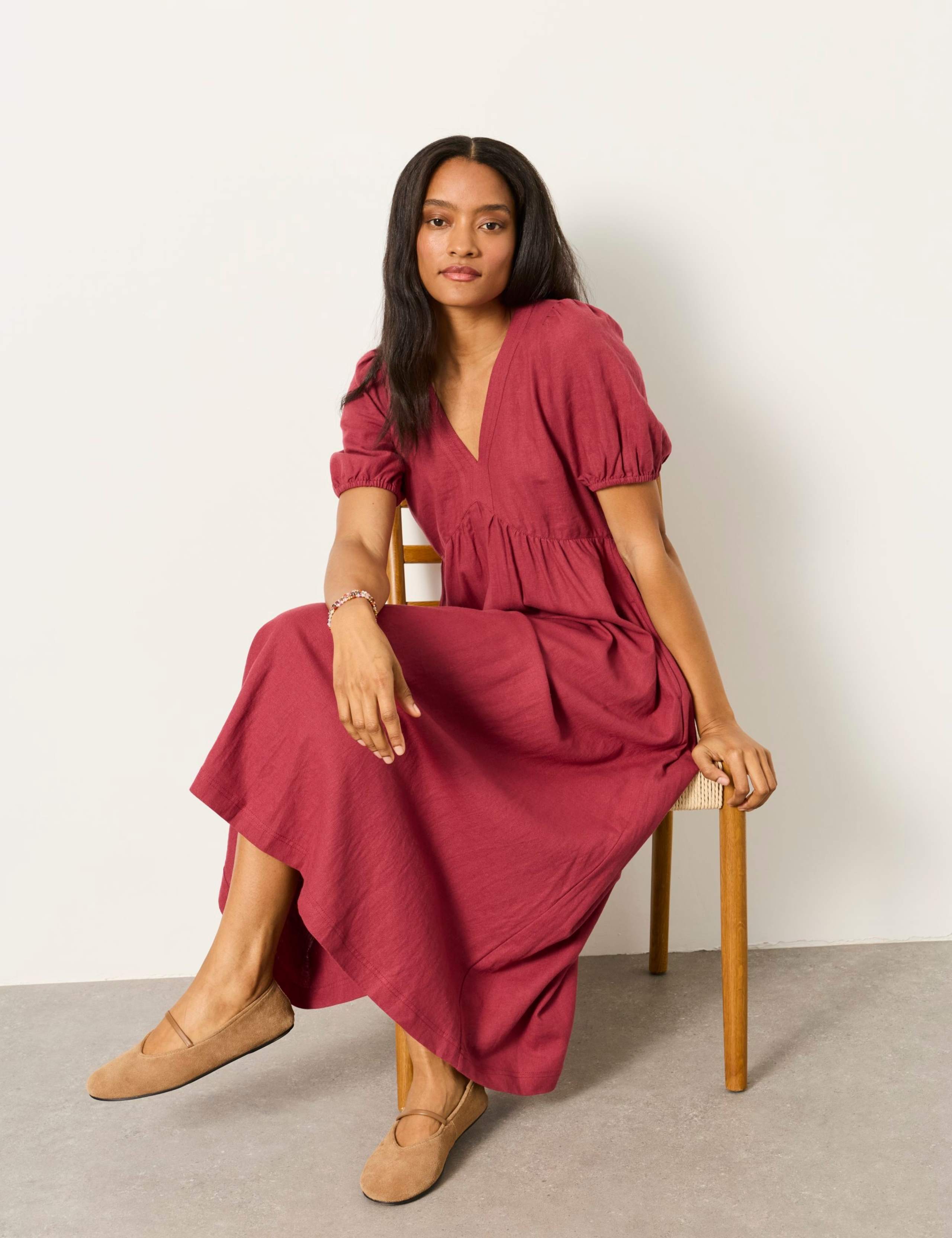Linen Rich V-Neck Midi Waisted Dress 4 of 6
