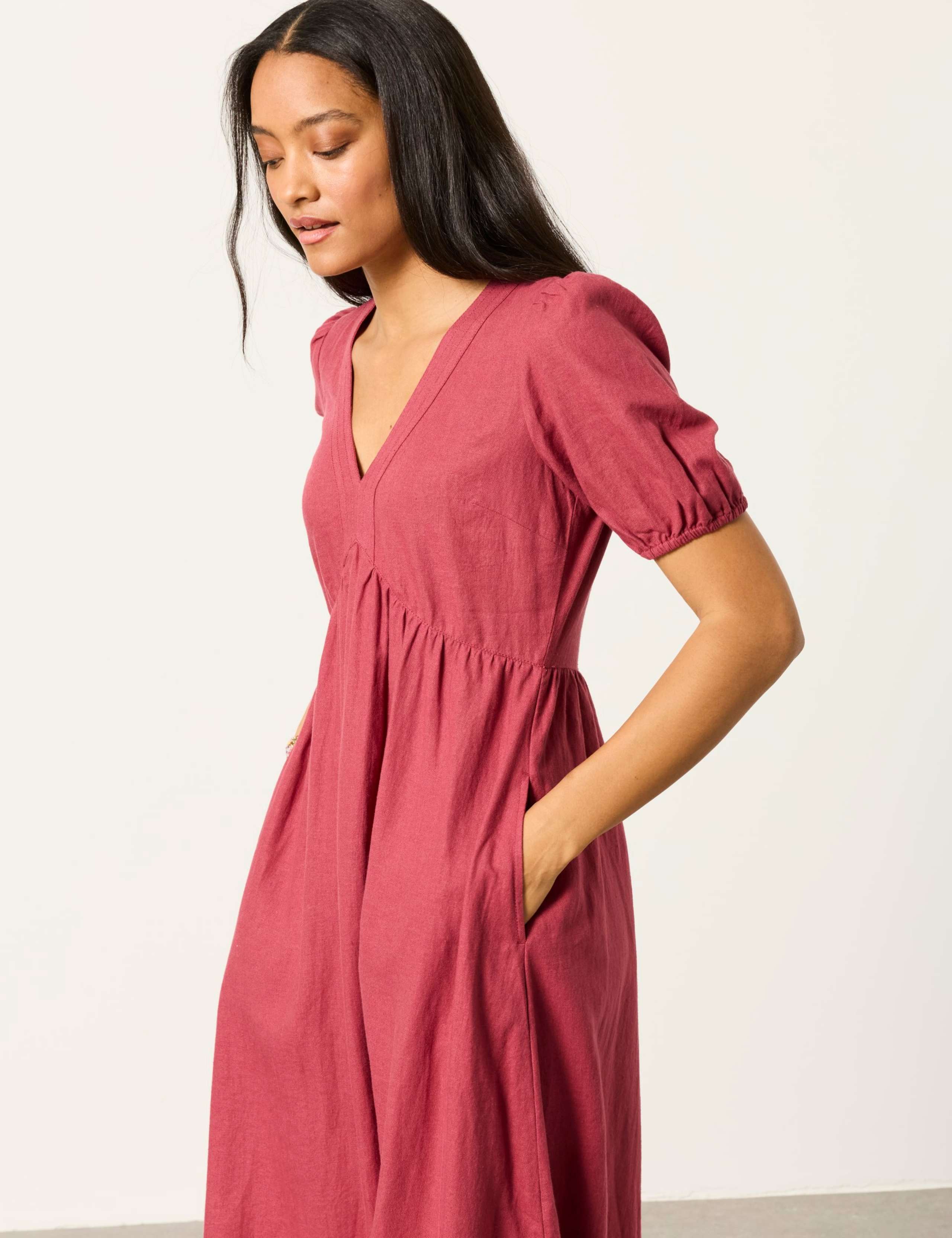 Linen Rich V-Neck Midi Waisted Dress 5 of 6