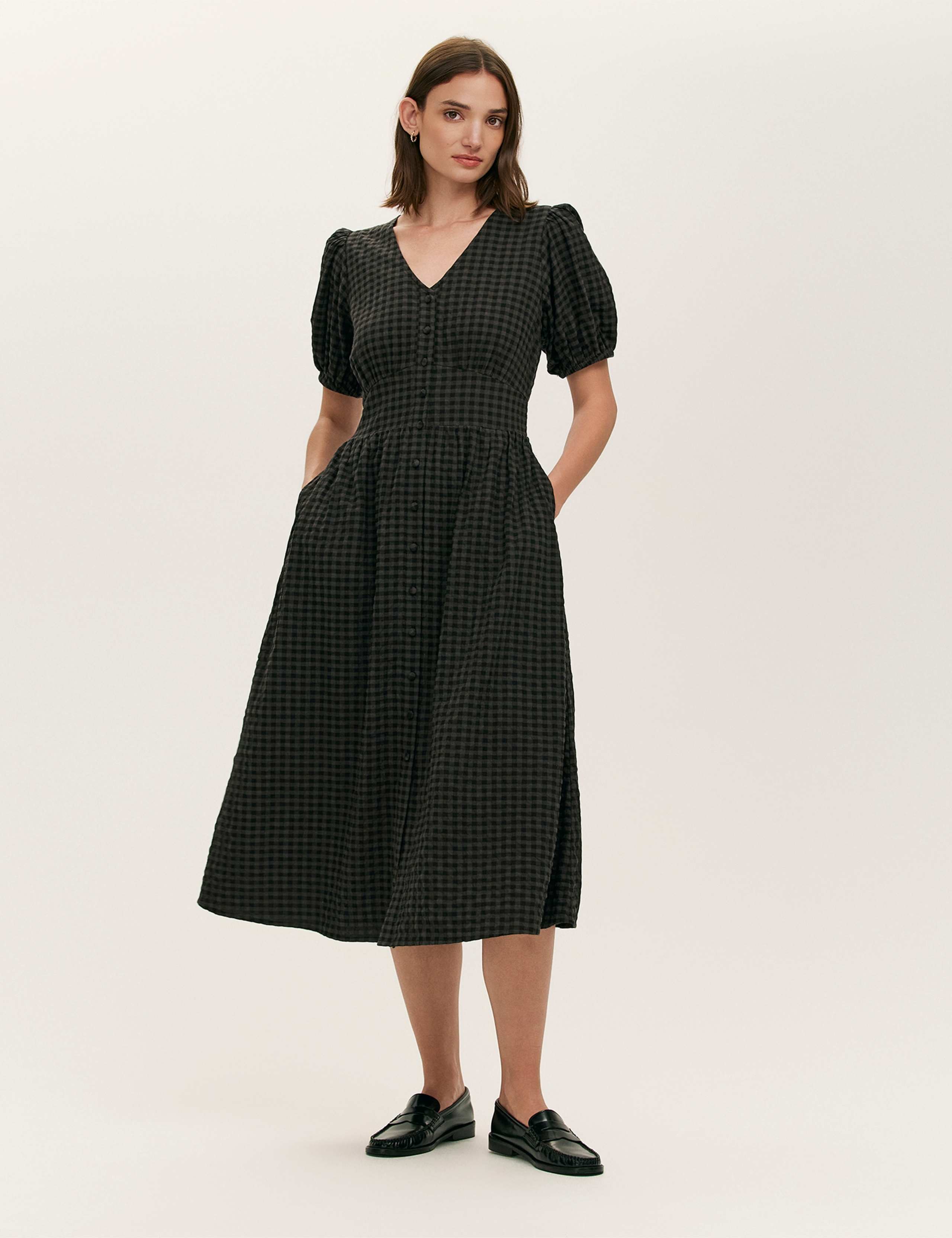 Cotton Blend Gingham V-Neck Midi Tea Dress 2 of 4